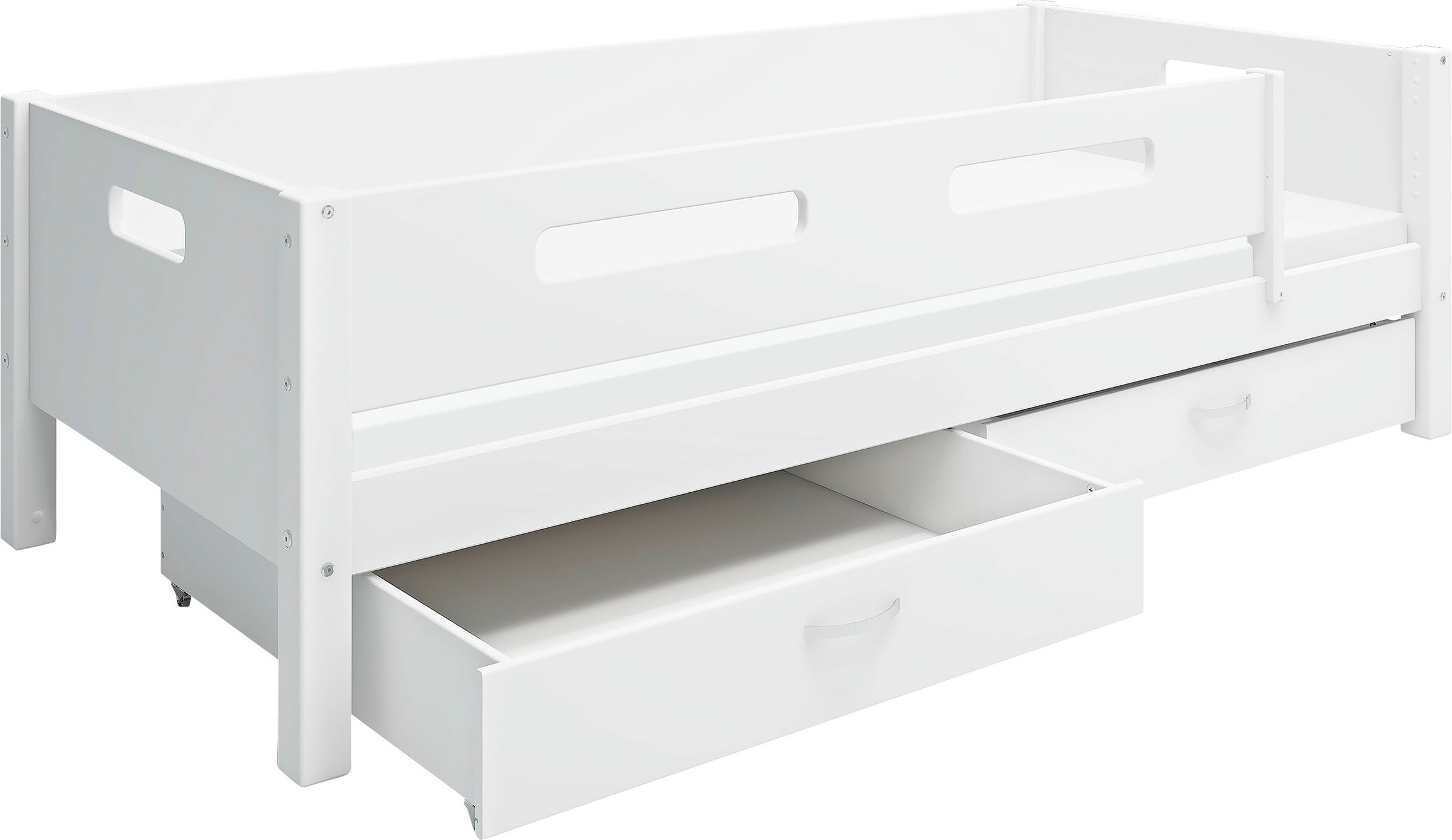 Einzelbett, Nordic produziert bei Flexa, incl Rollrost, weiß + weiß + weiß Hintere Absturzsicherung in MDF-Schubladensatz mit 2 Stück-Absturzsicherung vorne in MDF