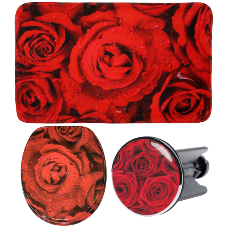 SANILO Badaccessoire-Set »Rosen« bestehend aus WC-Sitz, Badteppich und Waschbeckenstöpsel rot