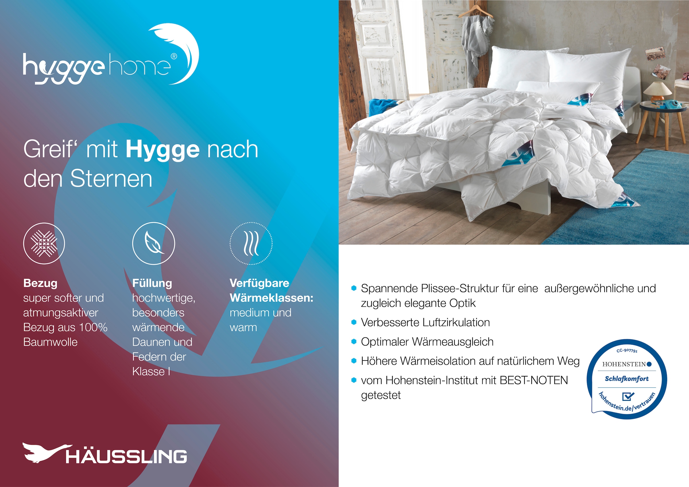 Haeussling Daunenbettdecke »Hygge Home, für Sommer und Winter, Ganzjahresdecke«, Füllung weiße, neue 90% Daunen und 10% Federn, Kl. 1, Bezug 100% Baumwolle, (1 St.), Bettdecke 135x200 cm, 155x220 cm & weitere Größen, "SEHR GUT" Ähnliche Produkte 8