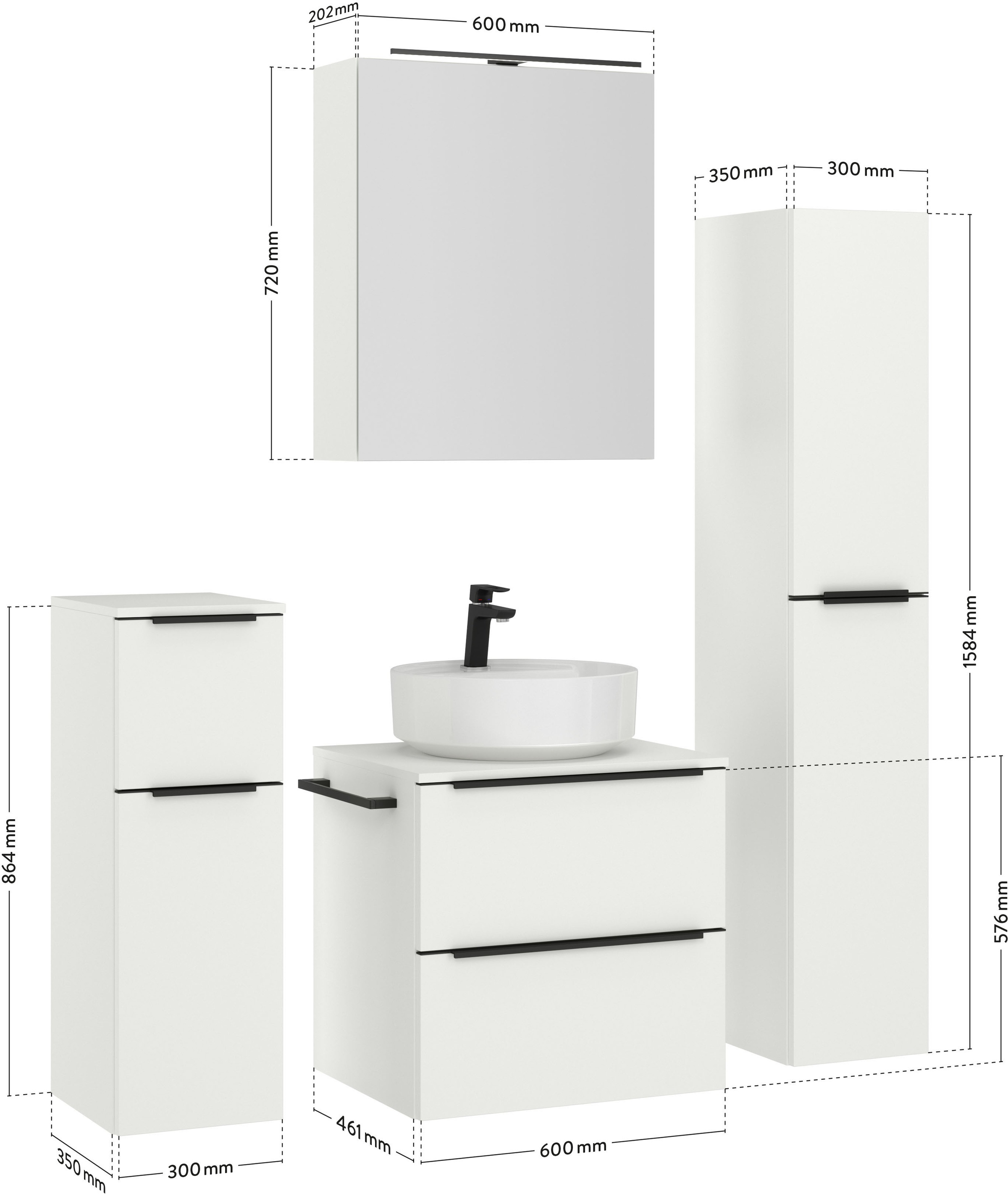 nobilia® Badmöbel-Set »Alvene«, (4 St., vormontiert, mit Soft-Close), inkl. Spiegelschrank mit Beleuchtung und Dimmerfunktion, in 4 Breiten