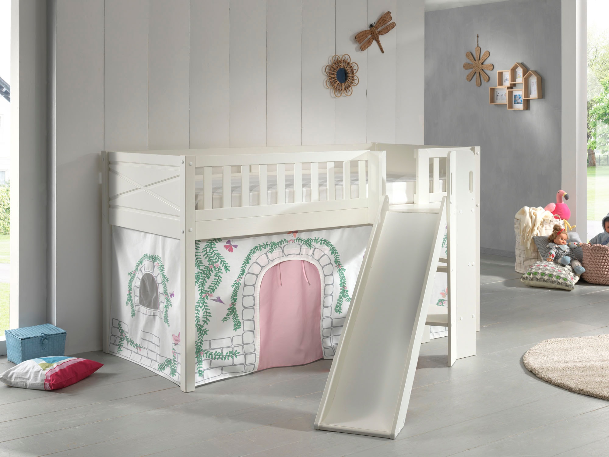 Vipack Hochbett »Scott«, (Made in Europe), m. Rutsch-/Leiterturm, LF 90x200 cm, Vorhang, Tunnel, 4 Designs