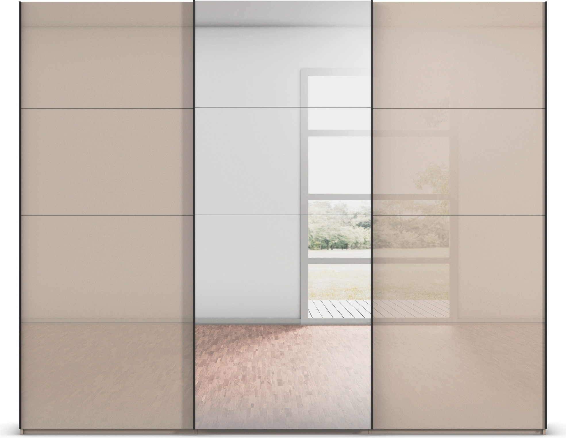 rauch Schwebetürenschrank »Kleiderschrank Schrank Garderobe Schlafzimmerschrank SCALE-FYRA«, edle viergeteilte Türen Spiegel/Glas-Mix viele Farben MADE IN GERMANY