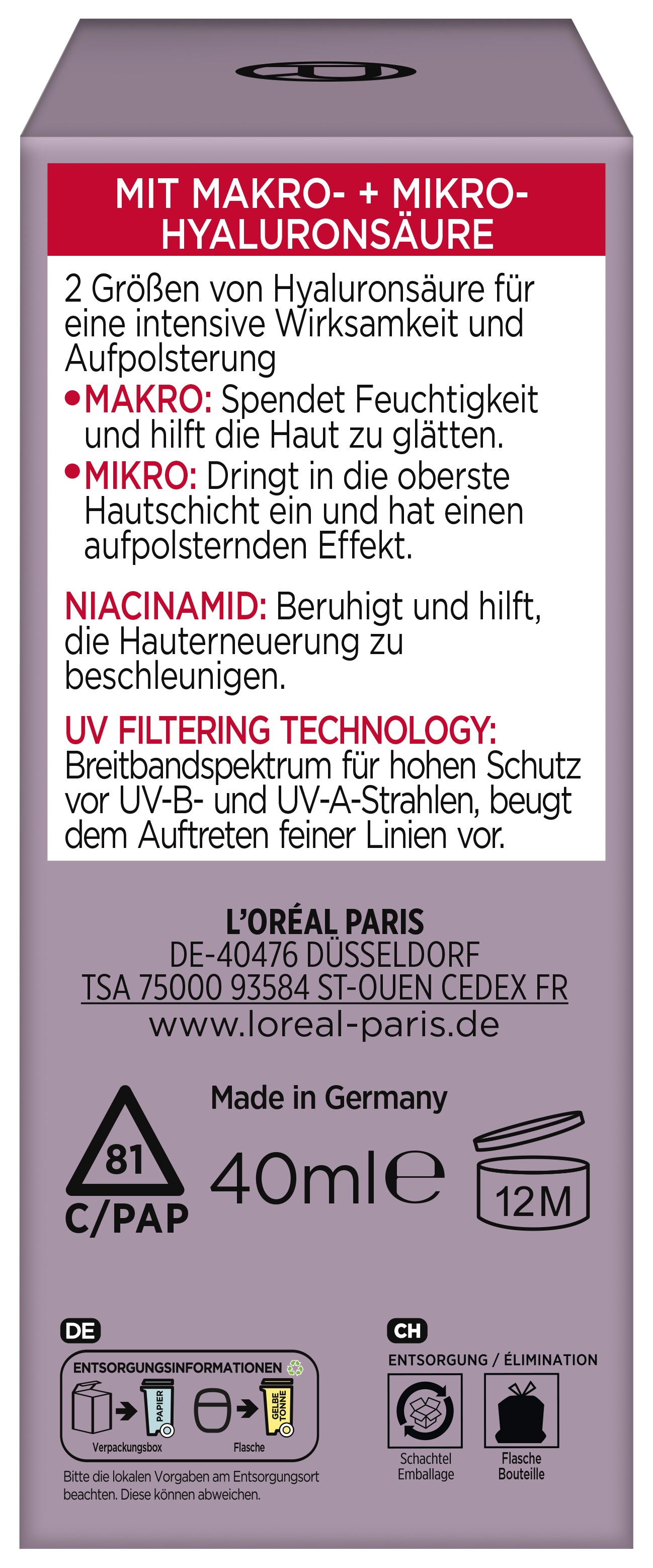 L'ORÉAL PARIS Gesichtsfluid »REVITALIFT FILLER AUFPOLSTERNDES HYALURON AQUA-FLUID LSF 30« verfeinert das Hautbild