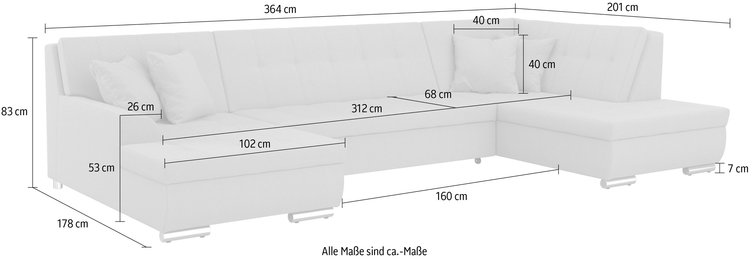 DOMO collection Wohnlandschaft »Treviso incl. Zierkissen, moderne Steppung, XXL: B/T/H: 364/201/83 cm«, wahlweise mit Bettfunktion, in vielen Bezugsarten auch in Cord U-Form
