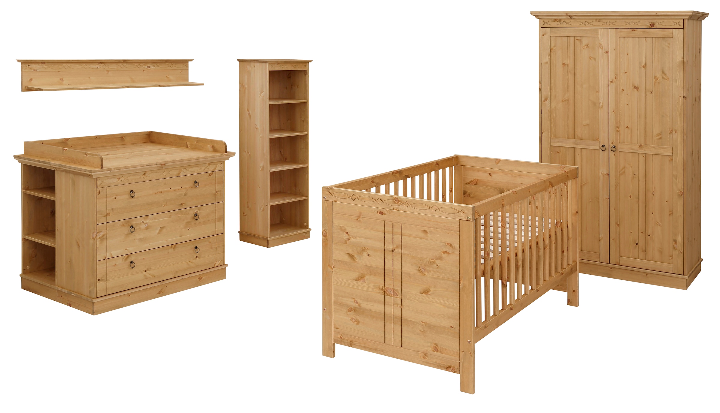 Lüttenhütt Babyzimmer-Komplettset »Indra, FSC® zertifiziertes Massivholz, zum Jugendzimmer umgestaltbar«, (Spar-Set, 7 tlg., Kleiderschrank, Bett, Kommode + Aufsatz, Unterbau-, Wand- & Standregal), aus massiver Kiefer, 7-teilges Set, nachhaltig