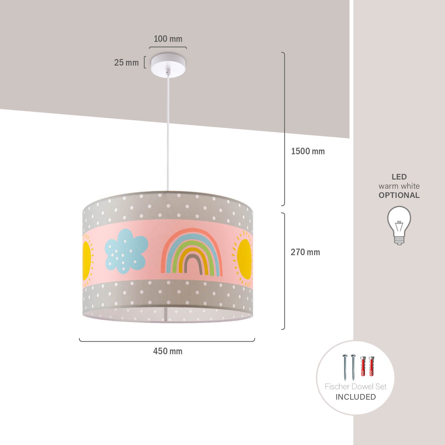Paco Home Pendelleuchte »Cosmo 962«, 1 flammig, Leuchtmittel E27 | ohne Leuchtmittel, Lampe Kinderzimmer Deckenlampe Regenbogen Sonne Rosa Grau Weiß E27