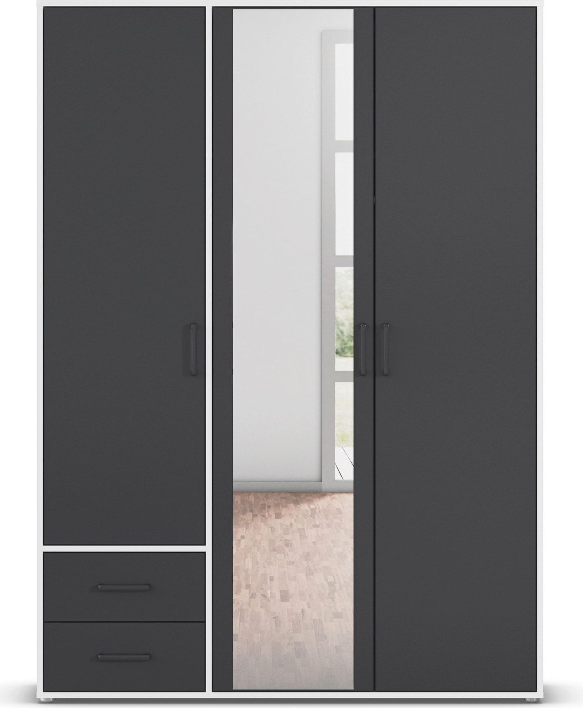 rauch Drehtürenschrank »Kleiderschrank Schrank Garderobe Wäscheschrank VOYAGER«, (in 3 verschiedenen Ausstattungen BASIC/CLASSIC/PREMIUM), mit modernen Griffen in Graumetallic, inkl. Schubkästen und Spiegel