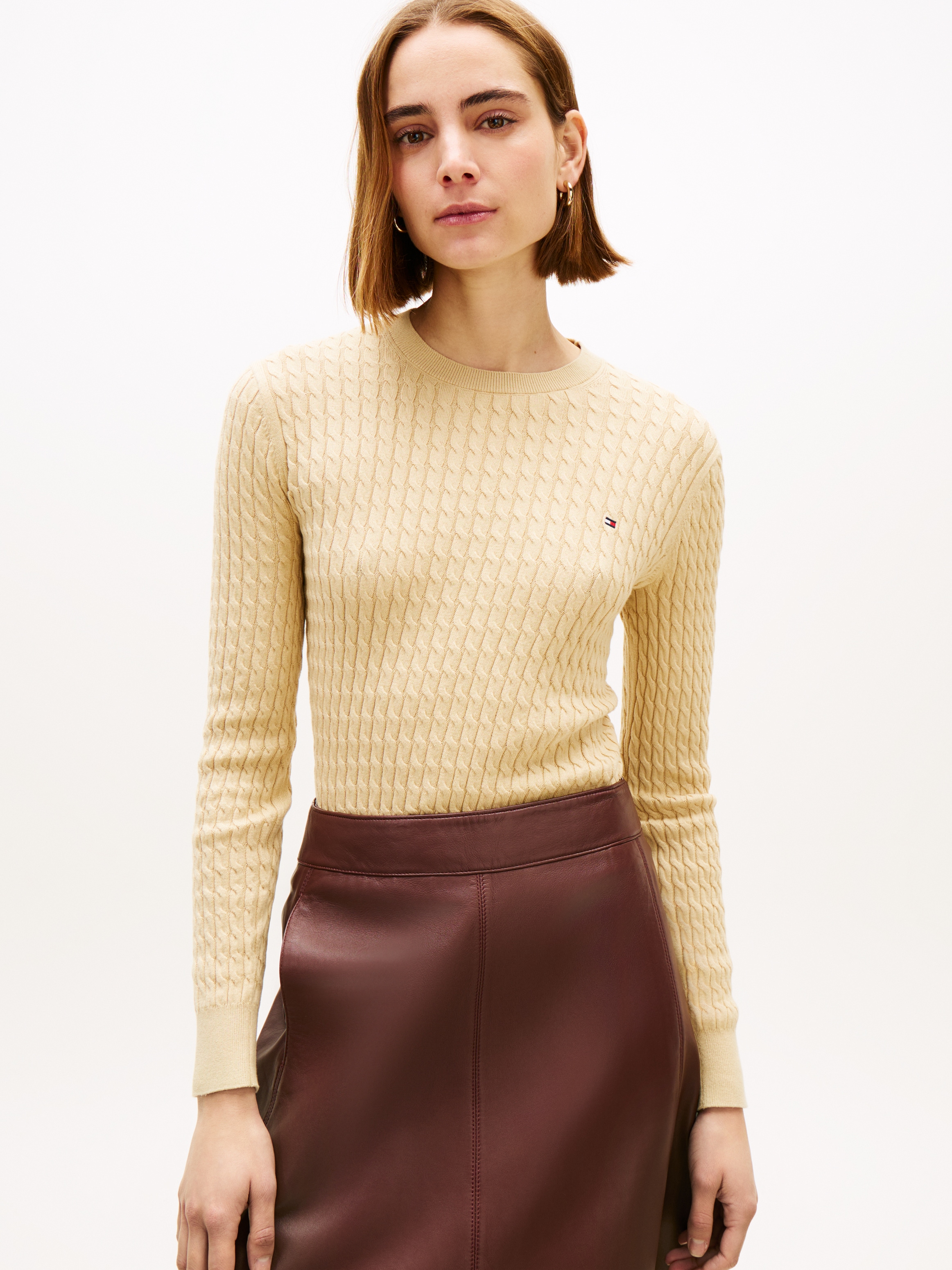 Tommy Hilfiger Rundhalspullover »CO CABLE C-NK LS SWEATER« Baumwolle, mit Zopfmuster, Regular Fit