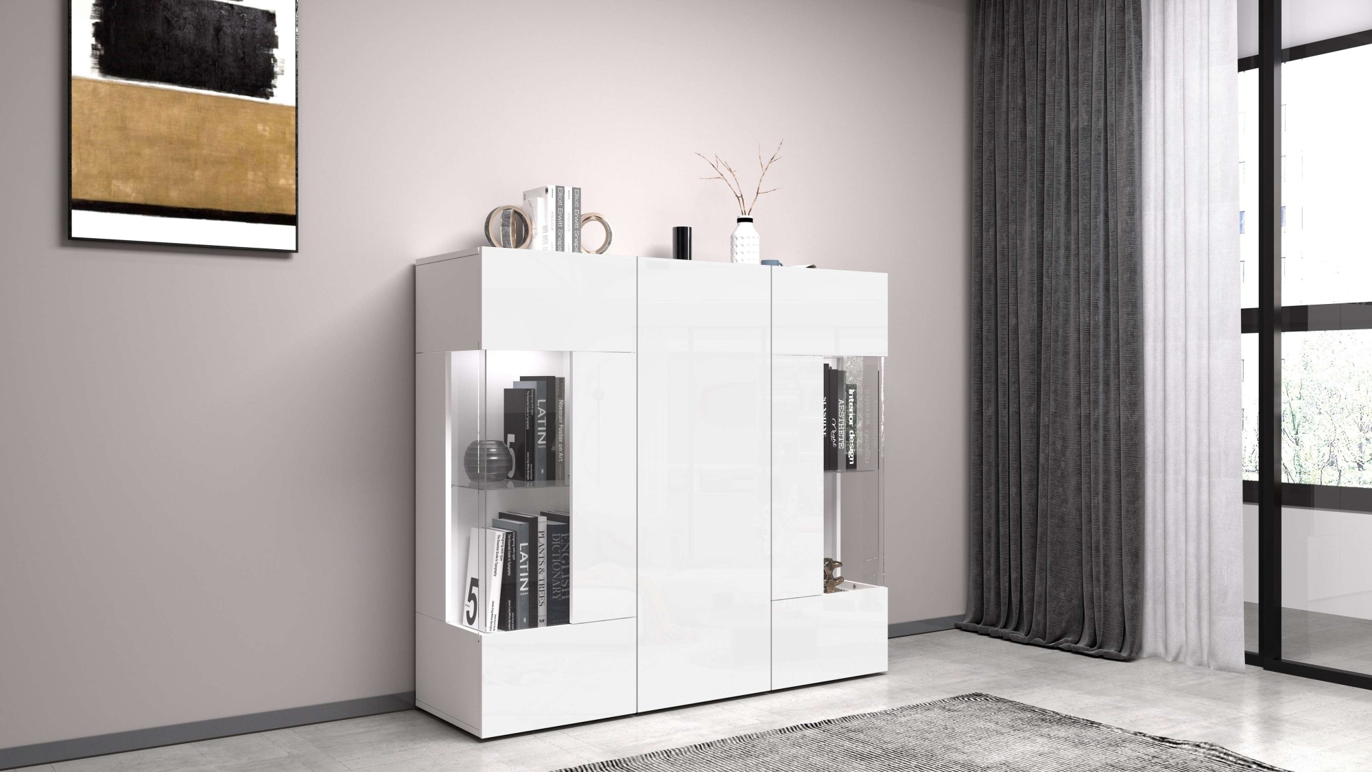 INOSIGN Highboard »Egypt, Highboard, Hochschrank, Hochkommode, Vitrine«, mit 3 Türen davon 2 mit Glaseinsatz,kompl. Hochglanz lack.,Breite 135