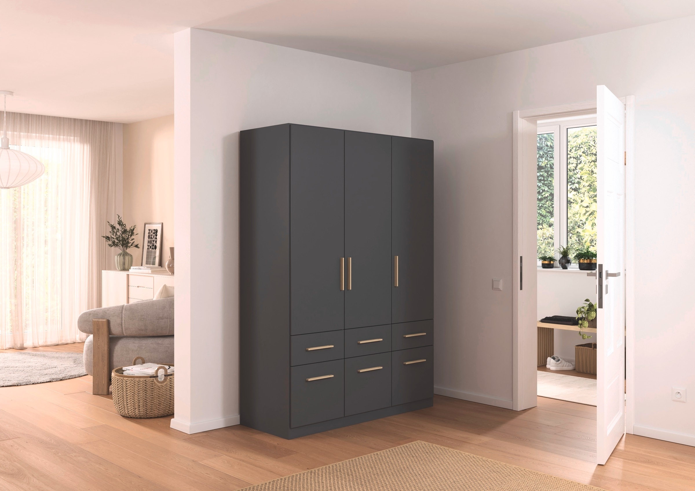 rauch Kleiderschrank »Kleiderschrank Schrank Garderobe Wäscheschrank DUNDEE«, (mit 3 Griff-Varianten), Schubladen in zwei Höhen, optional mit Spiegel MADE IN GERMANY