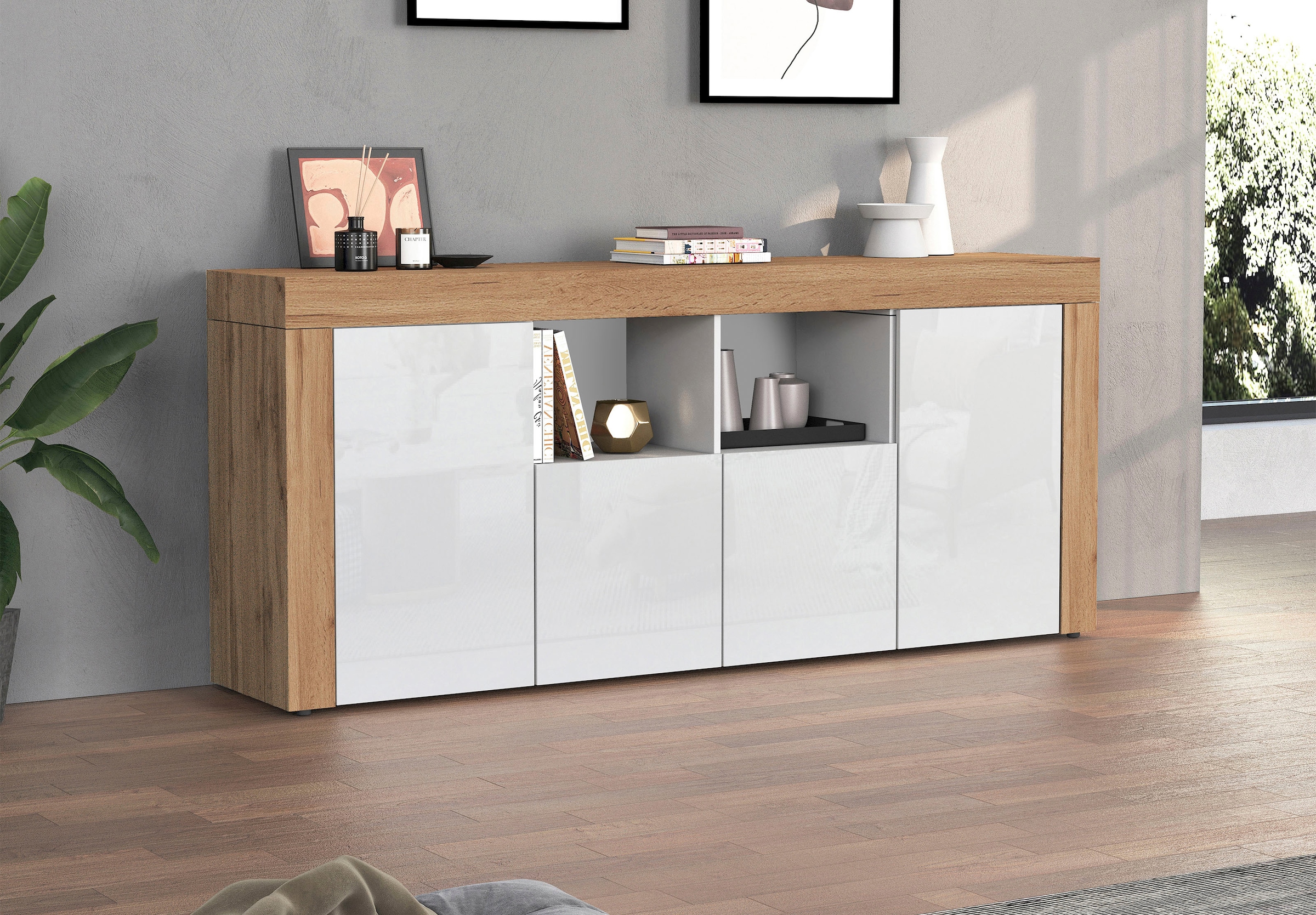 OTTO home Sideboard »CHRONOS Breite 200 cm  mit 4 Türen, 2 offene und 8 geschlossene Fächer« 1 Stk. tlg. Sideboard,Kommode, Schrank, Grifflos mit Push to Open, Made in Italy