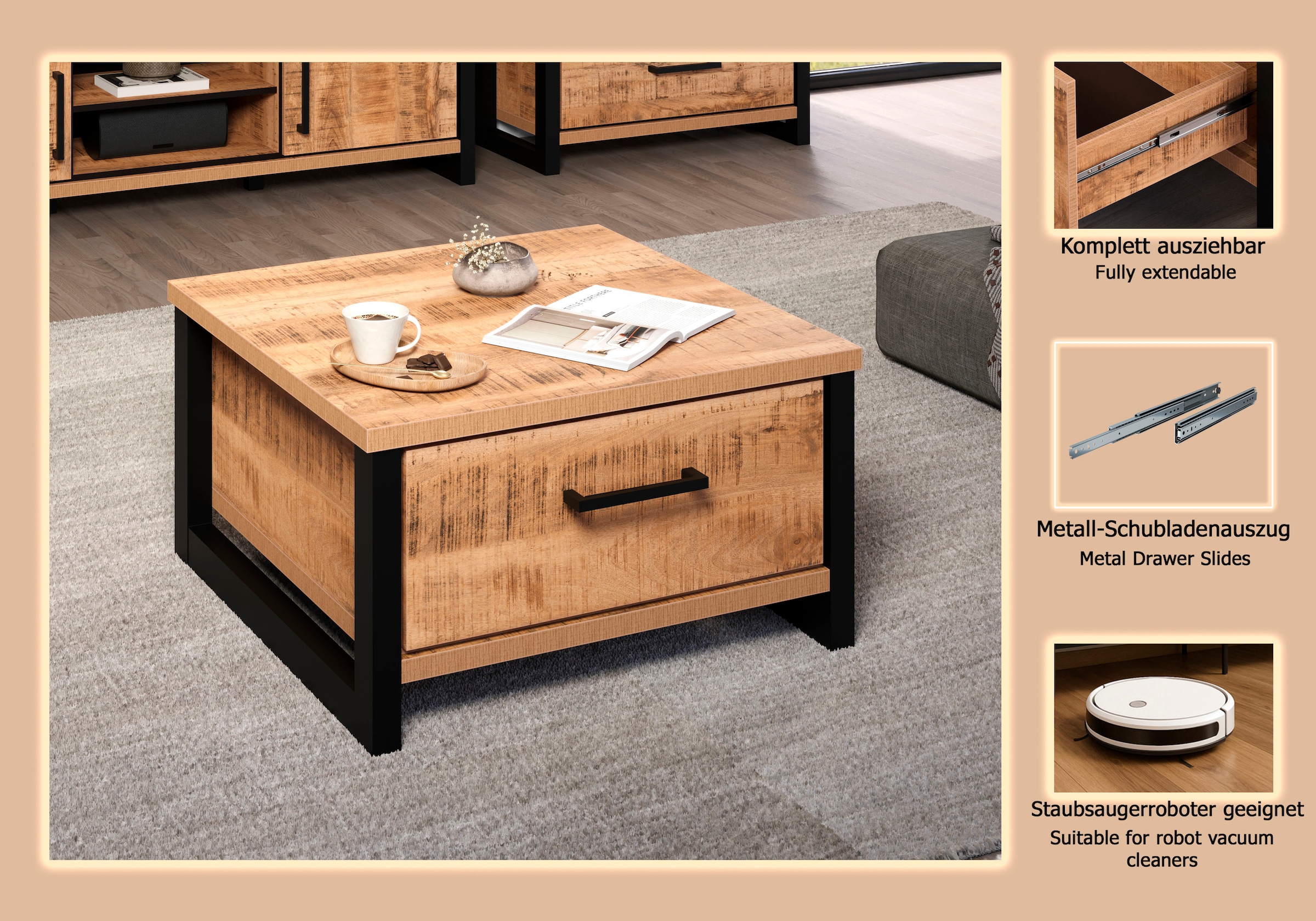 Home affaire Couchtisch »Elda« 1 Stk. tlg. Couchtisch mit 2 Vollauszug Schubladen – (B/T/H) 80/80/45 cm