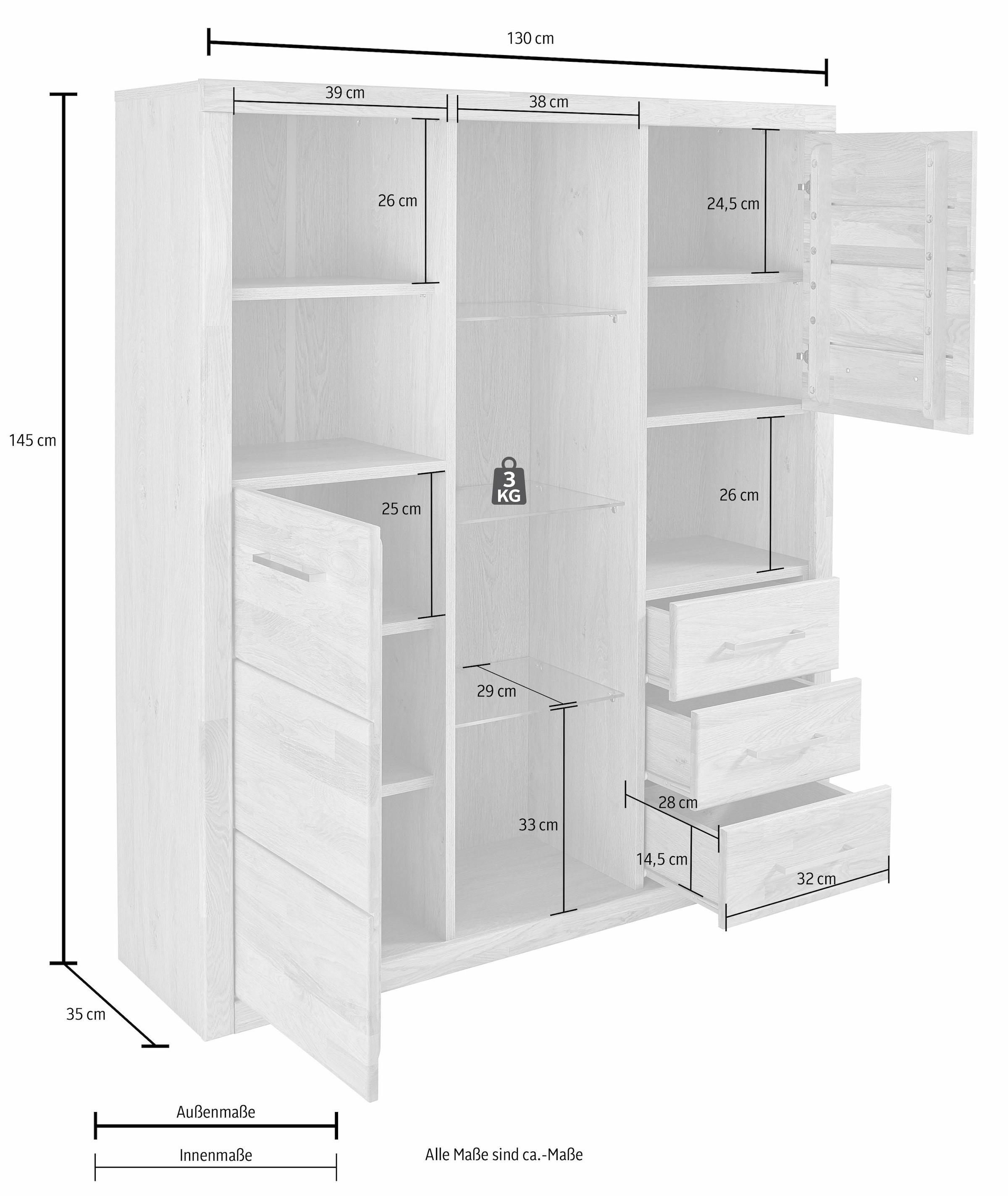 Home affaire Highboard »Ribe,130cm breit145cm hoch,Fronten Massivholz,12 Fächer«, Korpus aus Holzwerkstoff, Metall Griffe,Böden versetzbar