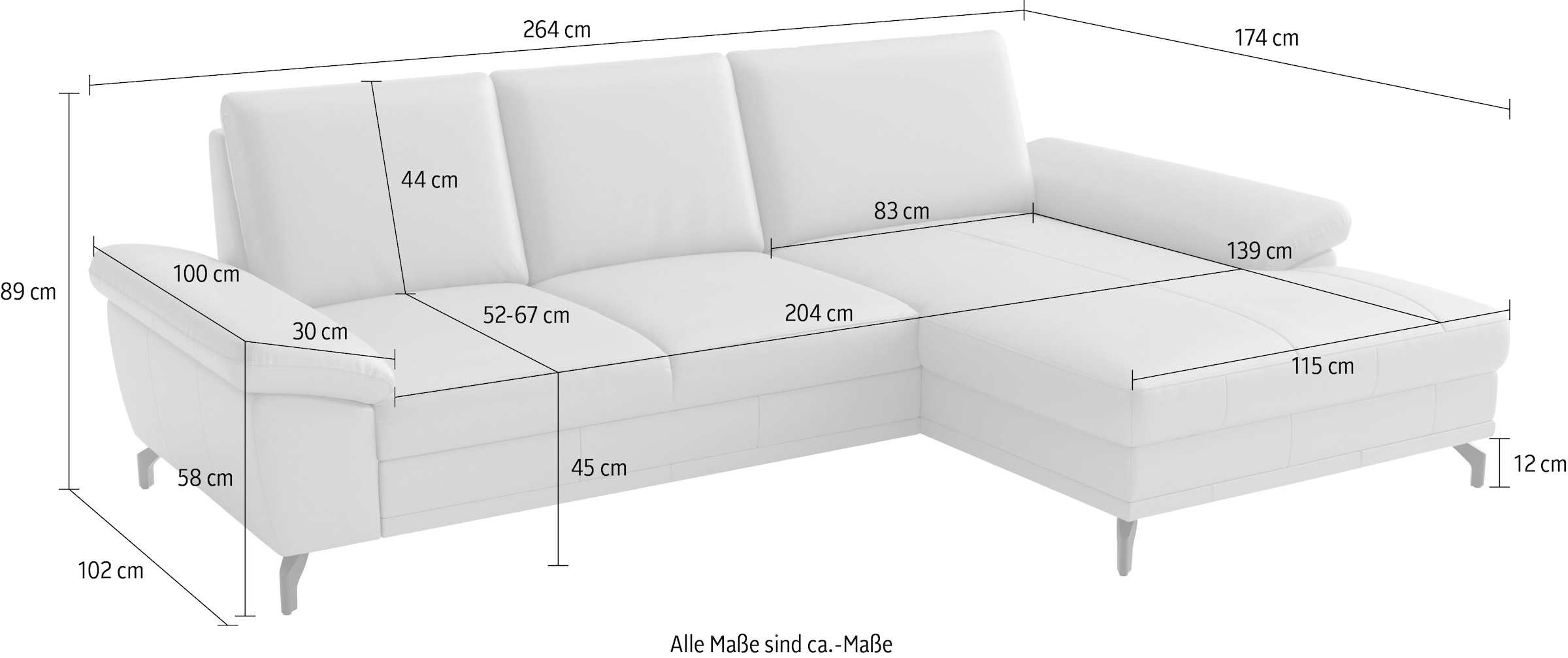 sit&more Ecksofa »Chelsea L-Form, B: 264 cm, Leder, inkl. Sitztiefen-&Armteilverstellung« optional mit Bettfunktion und Bettkasten