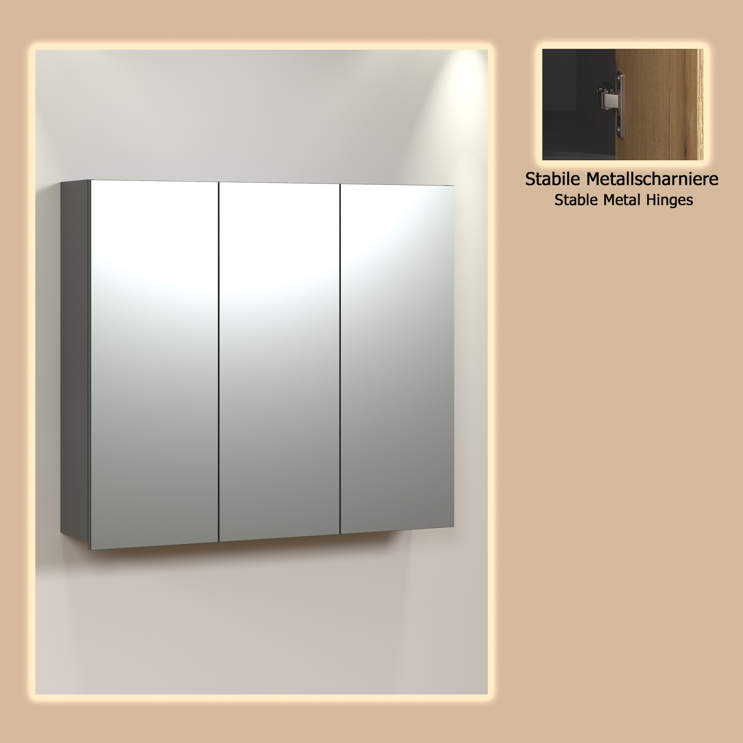 welltime Spiegelschrank »Amrum«, (1 St.), Spiegelschrank mit 3 Spiegeltüren - (B/T/H) 90/20/80 cm