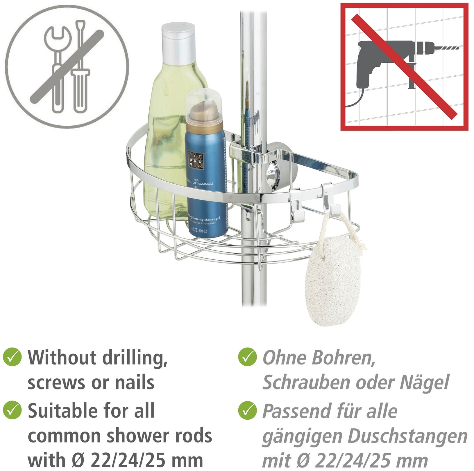 WENKO Duschablage »Duschstangencaddy Floresta Rund«, Anbringung ohne Bohren und Schrauben