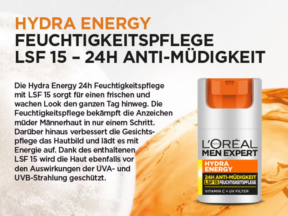 L'ORÉAL PARIS MEN EXPERT Gesichtsgel »HYDRA ENERGY 24H ANTI-MÜDIGKEIT FEUCHTIGKEITSPFLEGE LSF15« mit Lichtschutzfaktor