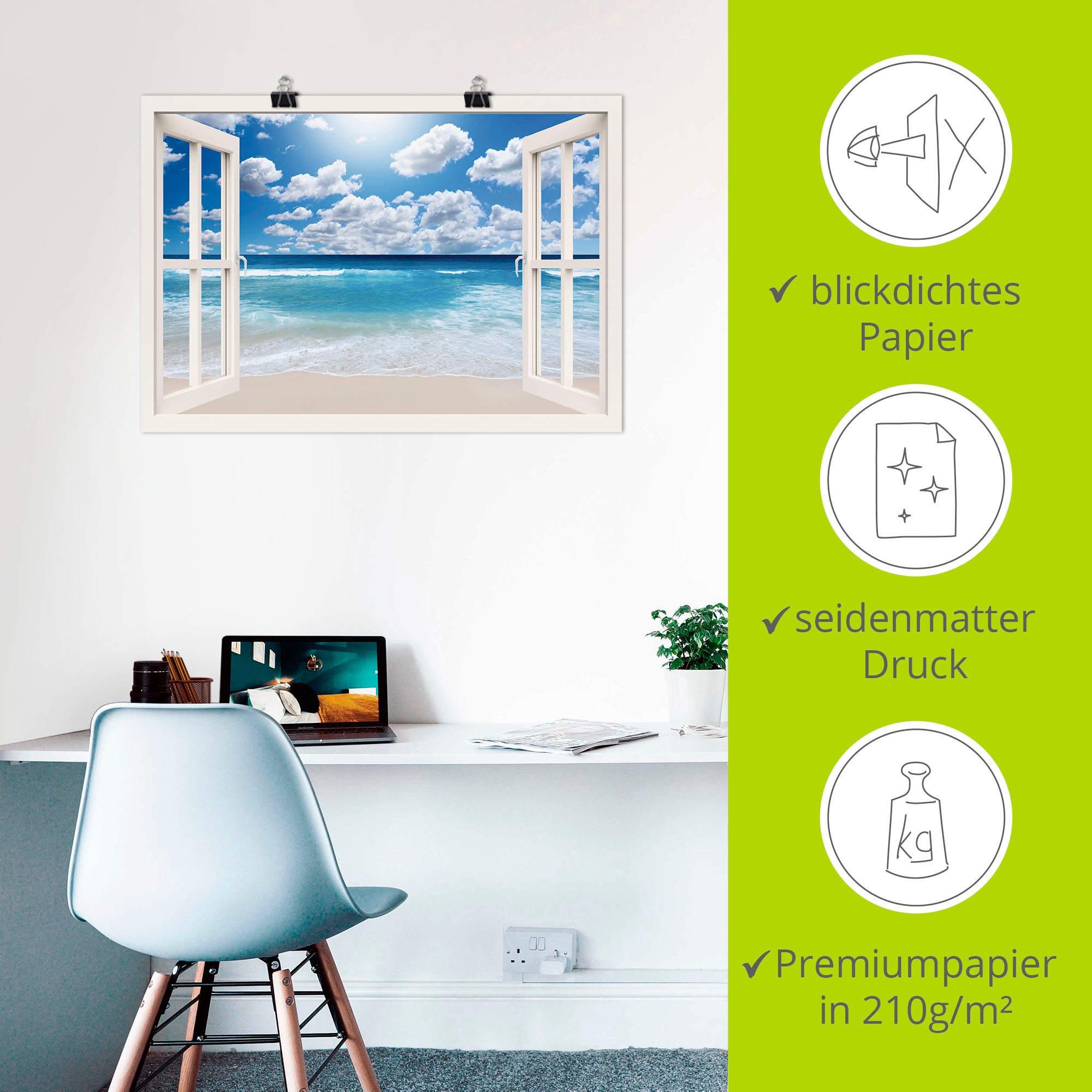 Artland Wandbild »Fensterblick Großartige Strandlandschaft«, Fensterblick, (1 St.), als Leinwandbild, Poster, Wandaufkleber in verschied. Größen