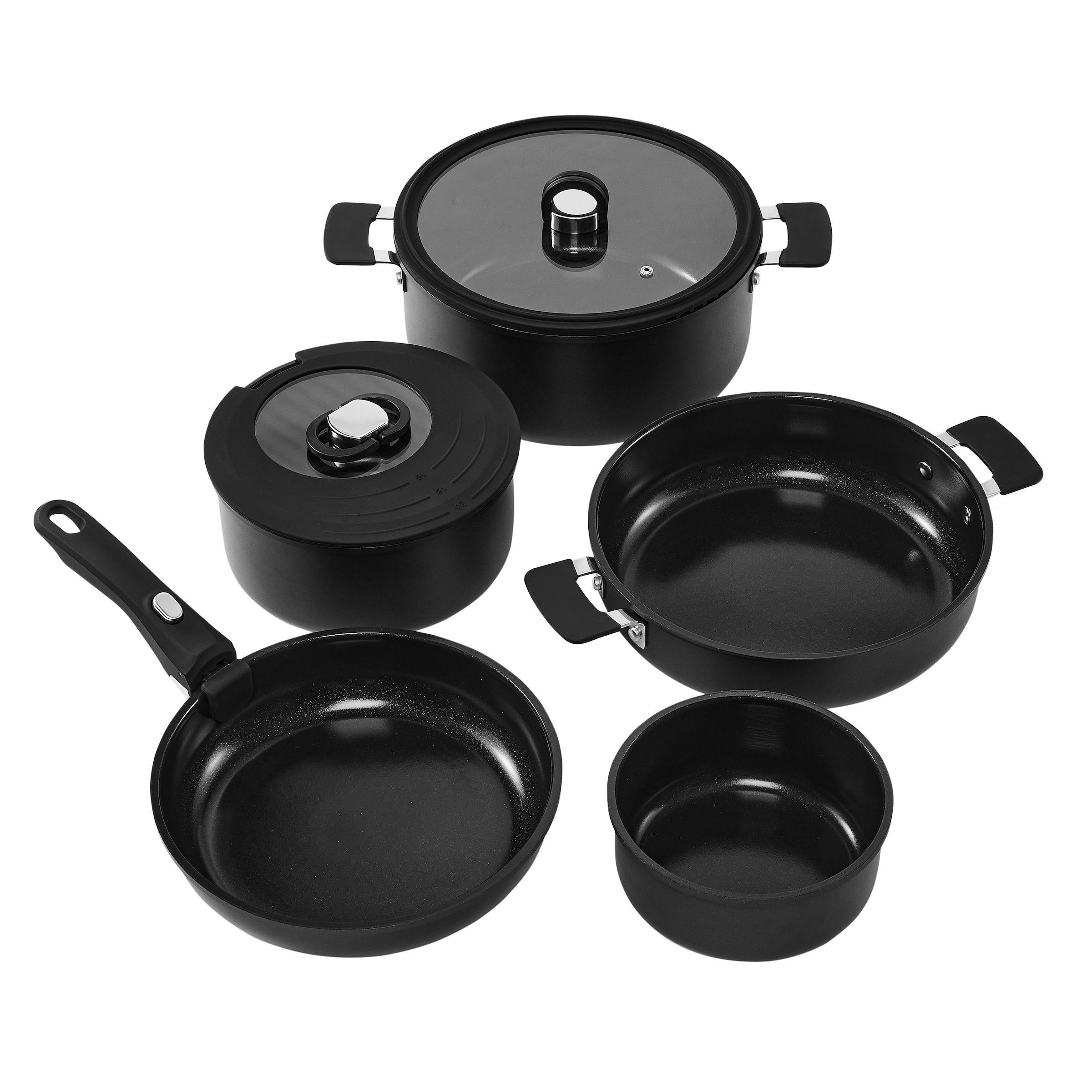 RESTO Kitchenware Topf-Set »SAVE & STOCK Multifunktionales Stapelbares Set im Geschenkkarton« Set, 1x Soßentopf, 2x Kochtopf, 2x Bratpfanne, 1x Griff, 2x Deckel, 8 tlg. Aluminium