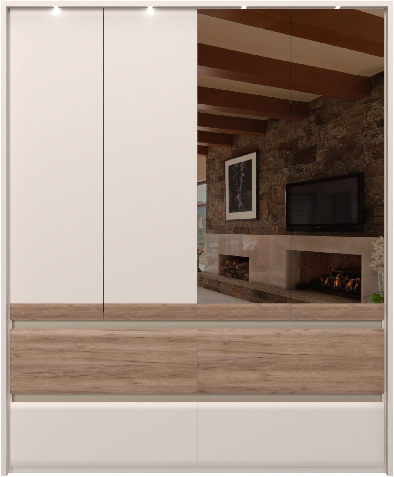 Places of Style Kleiderschrank »Invictus, UV lackiert, FSC-zertifiziert, grifflose Optik«, (abgerundete Schubladen aus MDF im Holzdekor, soft-close), mit Beleuchtung und Spiegel, in 4 Breiten, hoher Schrank (226cm)