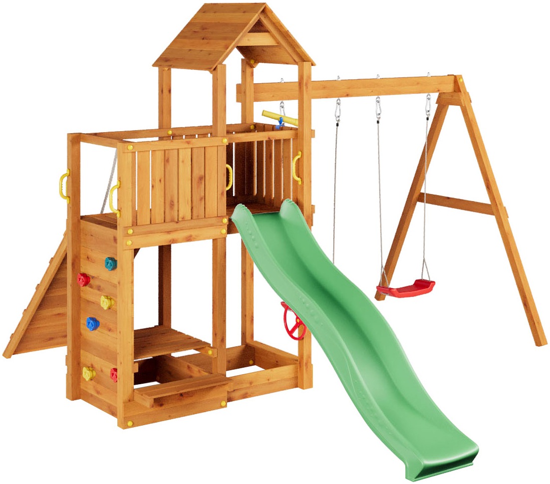 FUNGOO Spielturm »FLOPPI« mit Rutsche, Doppelschaukel, Kletterwand, Teleskop, Lenkrad