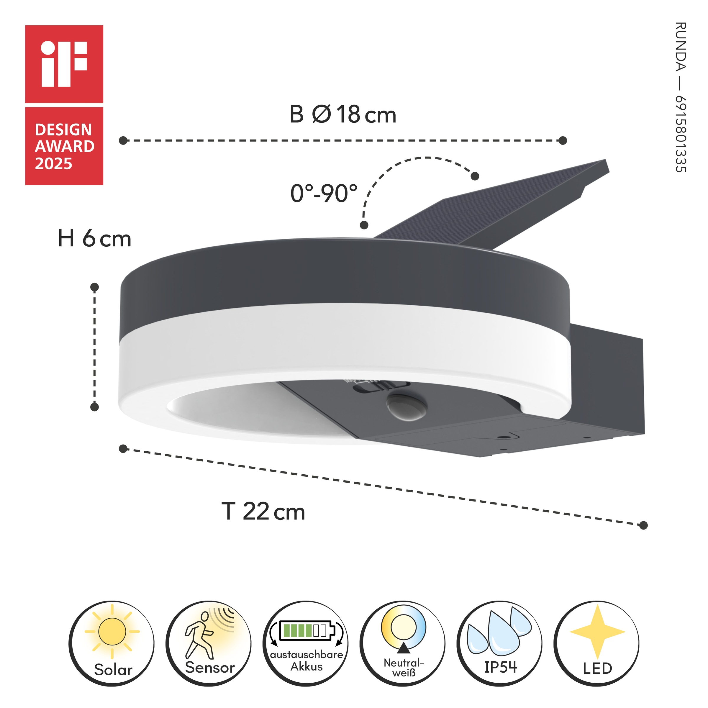 LUTEC LED Solarleuchte »LED-Solar-Aussenwandl. mit BWM RUNDA«, 1 flammig, Leuchtmittel LED-Board | LED fest integriert, Schwenkbares Solarpanel