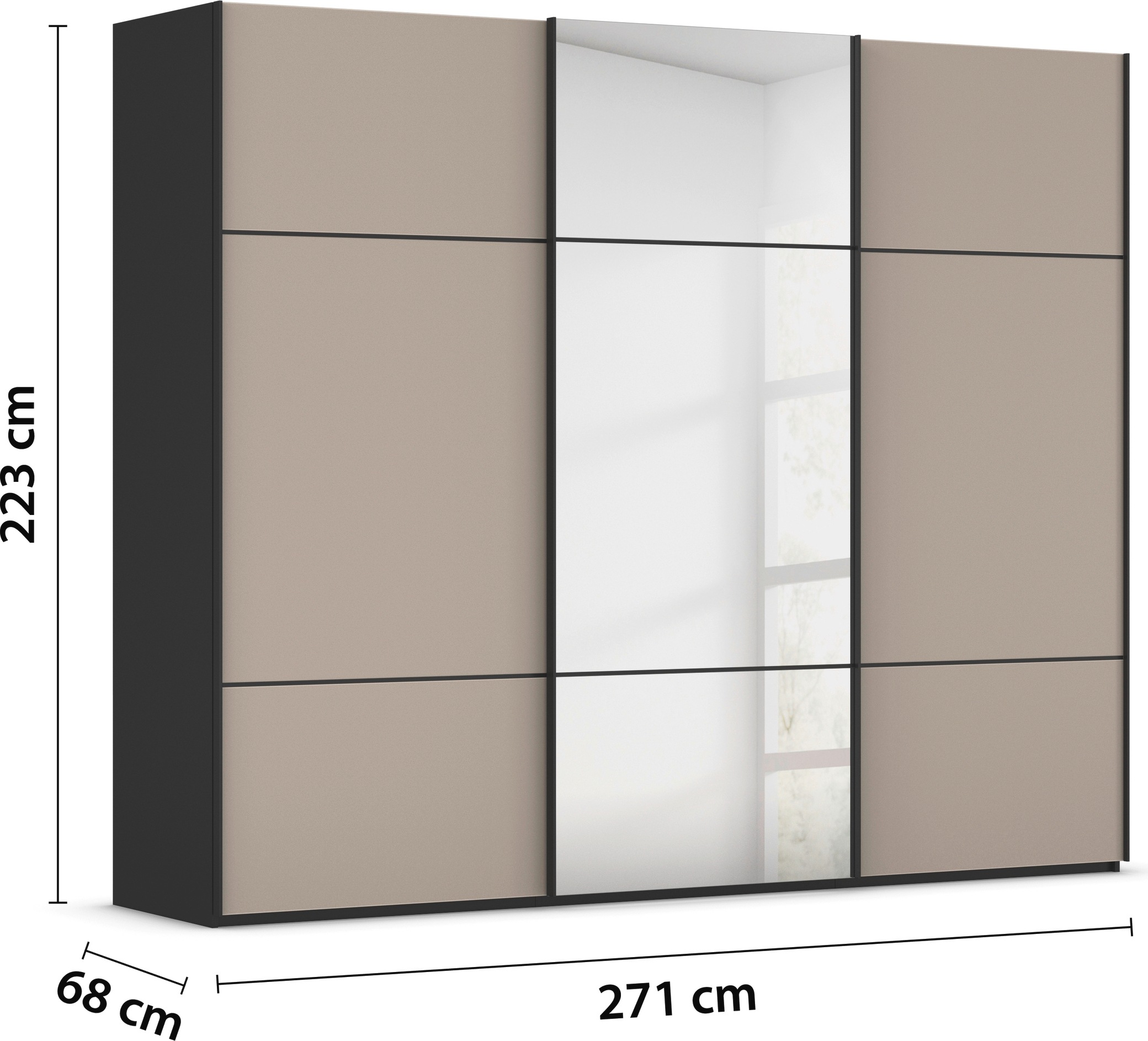 rauch Schwebetürenschrank »Kleiderschrank Schrank Garderobe Schlafzimmerschrank SCALE-TRIO«, edle dreigeteilte Front mit 2 Zierleisten Spiegel/Glas MADE IN GERMANY