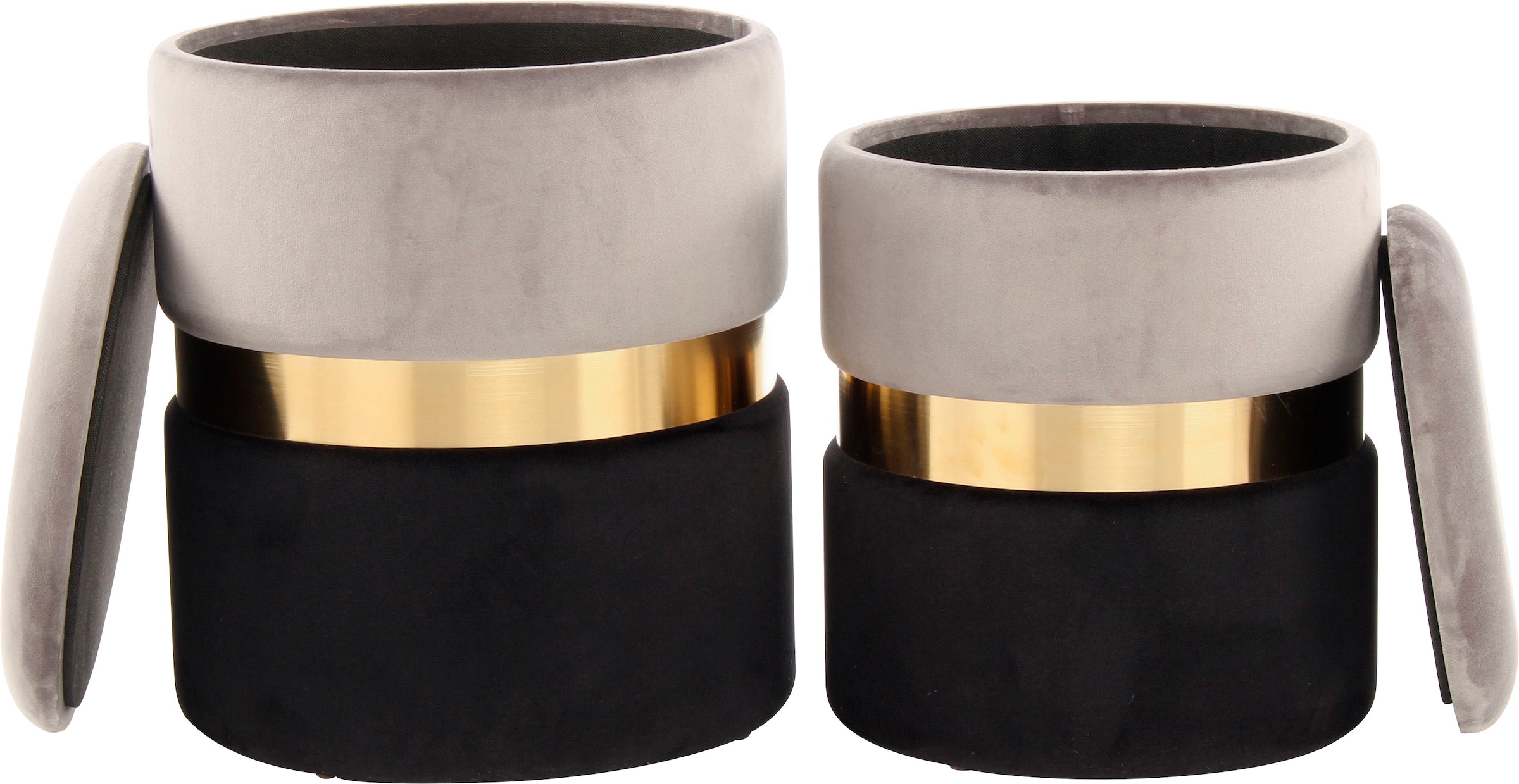 Kayoom Stauraumhocker »Hocker Zora 125 2er-Set, samtweicher Stoffbezug,runde elegante Form«, (Set, 2 St.), edles Design mit Metallring, gepolstert, mit Stauraum