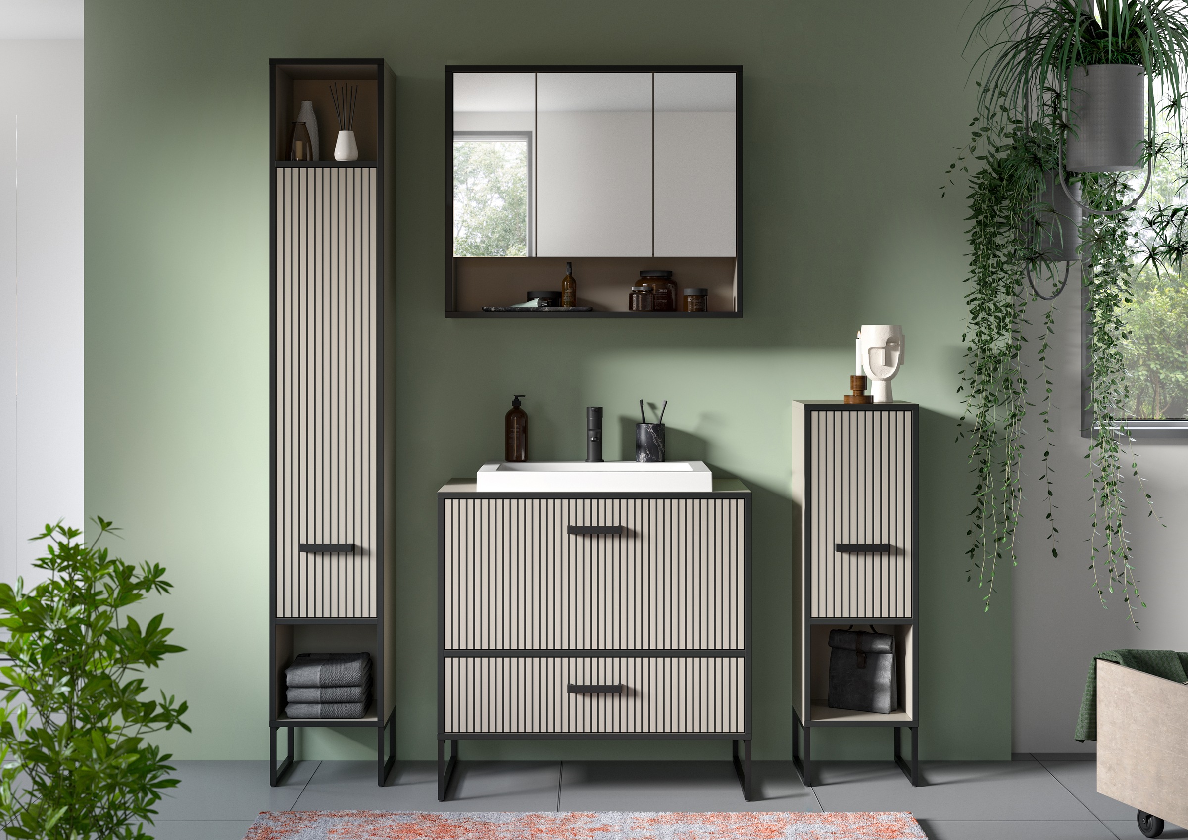 welltime Badmöbel-Set »Locri, Breite 170 cm, Rillenoptik, Metallkufen«, (4 St.), best. aus: Hochschrank, Spiegelschrank, Standschrank, Waschtisch