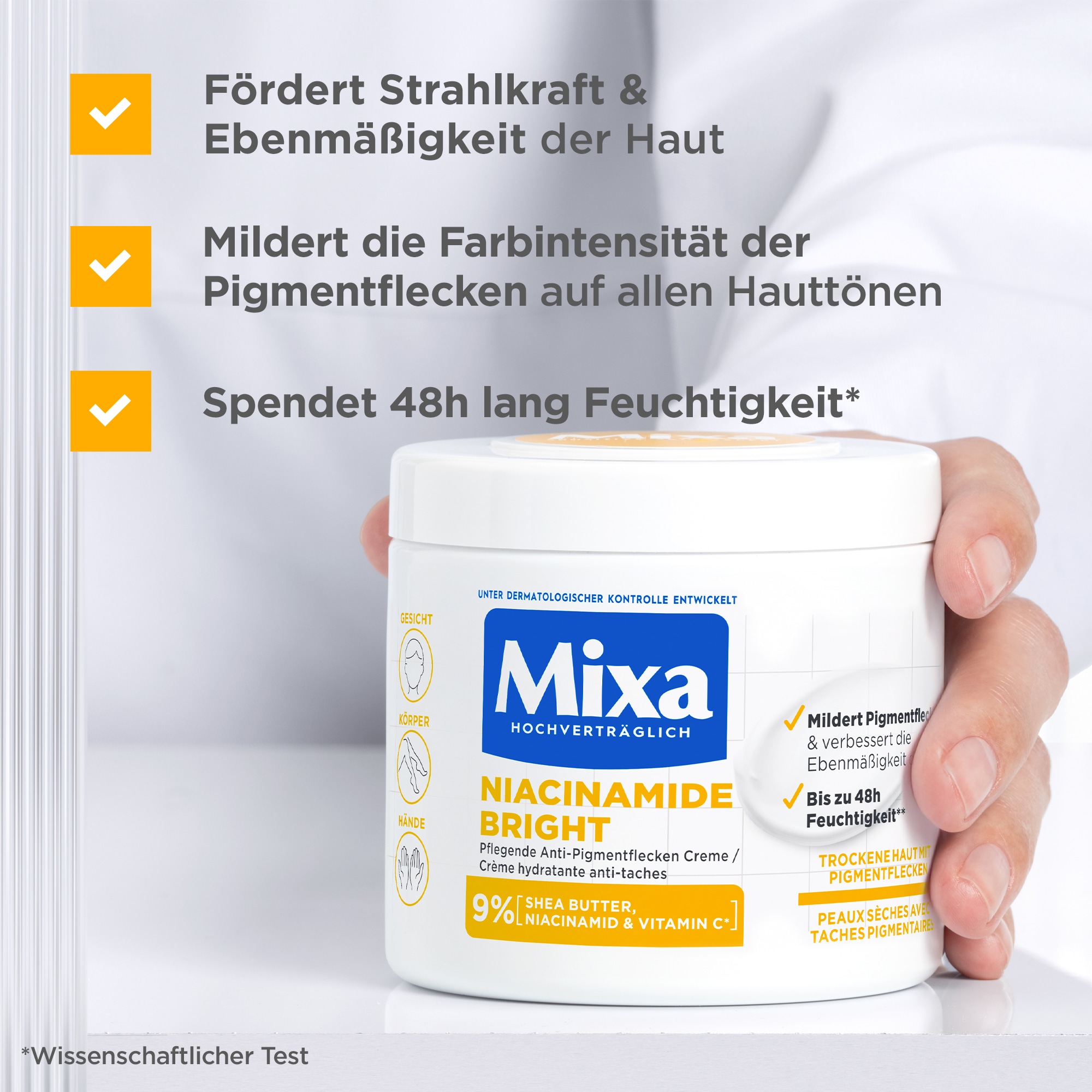 Mixa Körpermilch »Mixa Niacinamide Bright Creme« Mildert sonnenbedingte Pigmentflecken, versorgt trockene Haut.