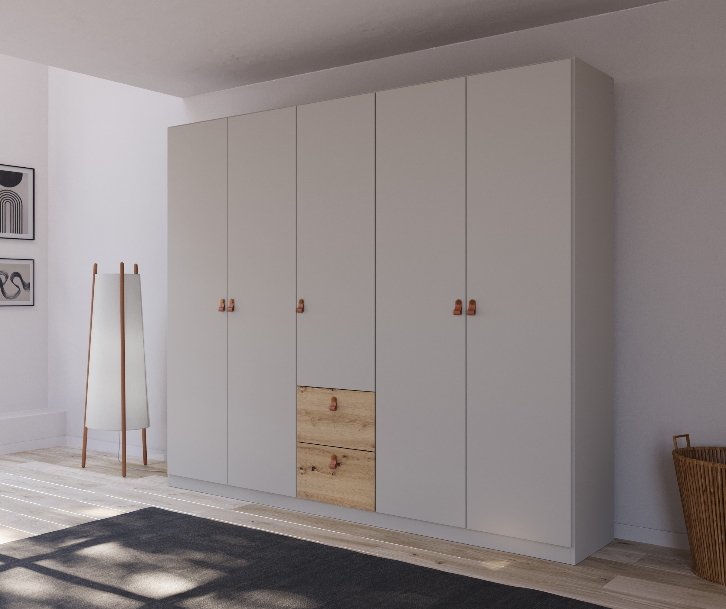rauch Drehtürenschrank »Homey by Quadra Spin«, mit cognacbraunen Ledergrifflaschen, Schubladen in Eichen-Dekor
