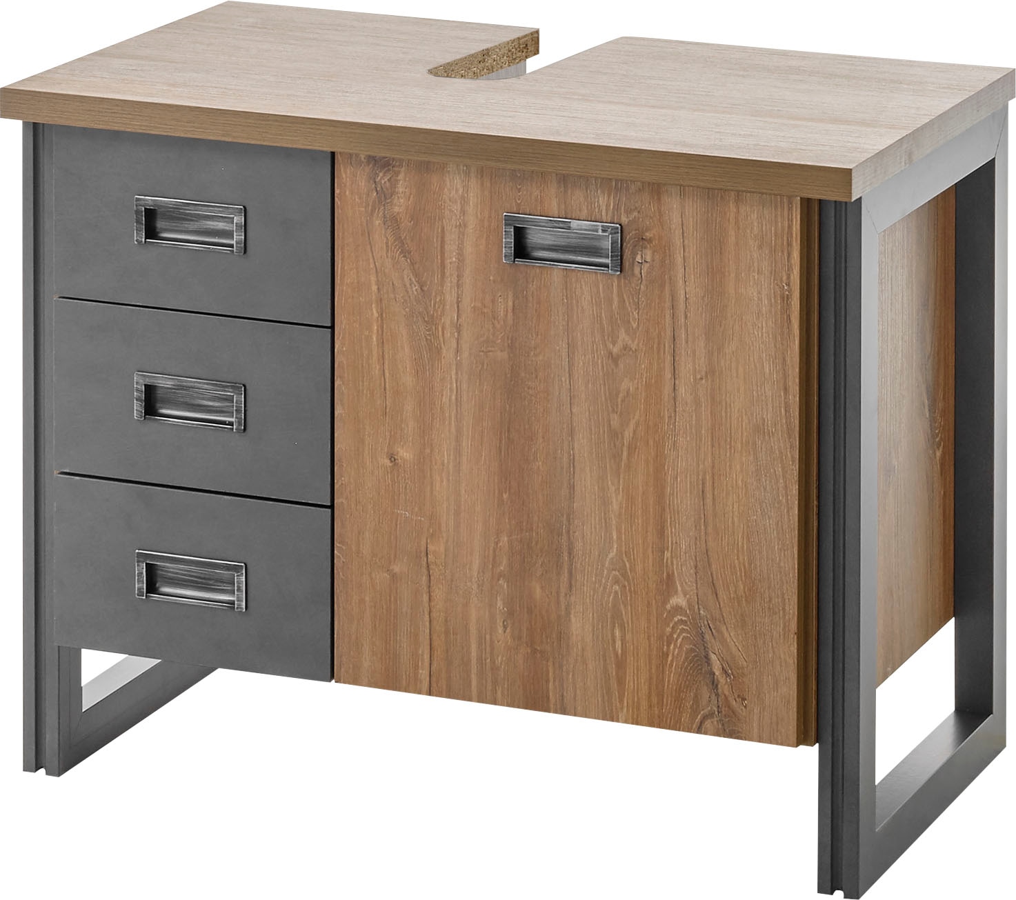 Home affaire Waschbeckenunterschrank »Detroit, Waschtisch mit Apothekergriff, Badschrank im Industrialdesign«, Eiche Dekor, mit Schubladen & Stauraum, Breite 81 cm