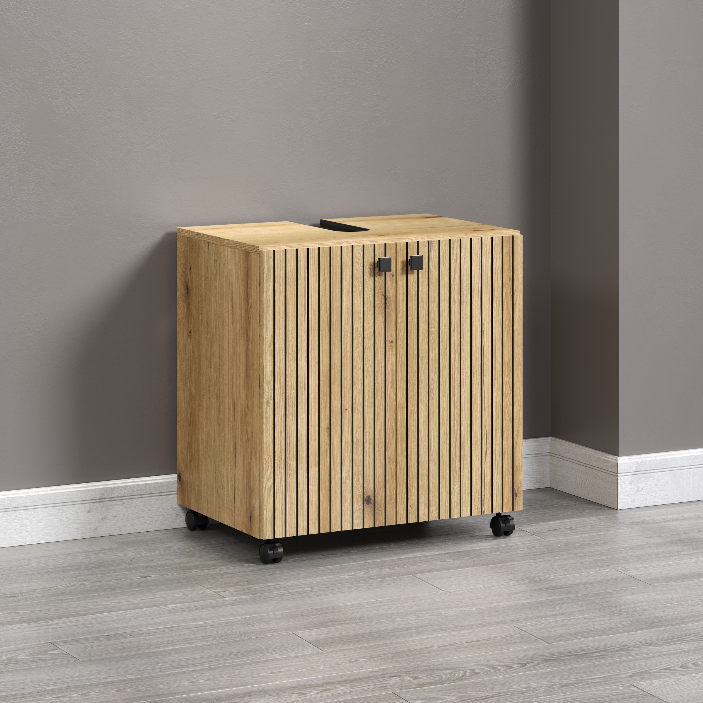 welltime Waschbeckenunterschrank »Amrum«, (1 St.), BxHxT 80 x 64 x 42cm Waschbeckenunterschrank Eiche Rillenoptik