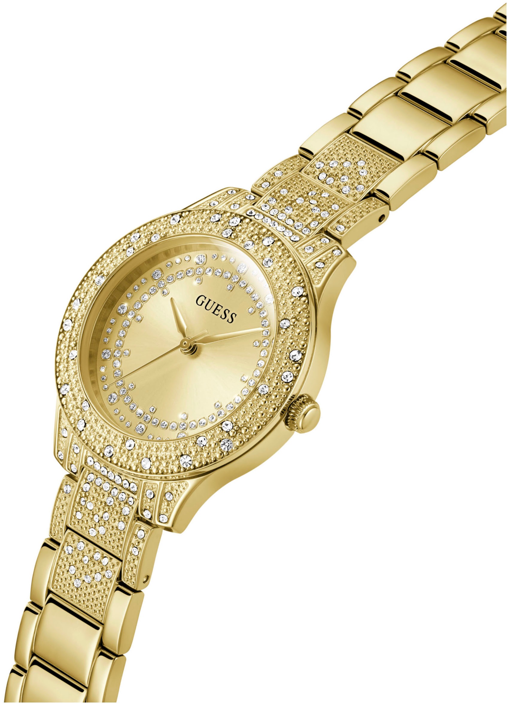 Guess Quarzuhr »SHOOTING STAR«, Armbanduhr, Damenuhr, Kristallsteine, Mineralglas, Edelstahlarmband