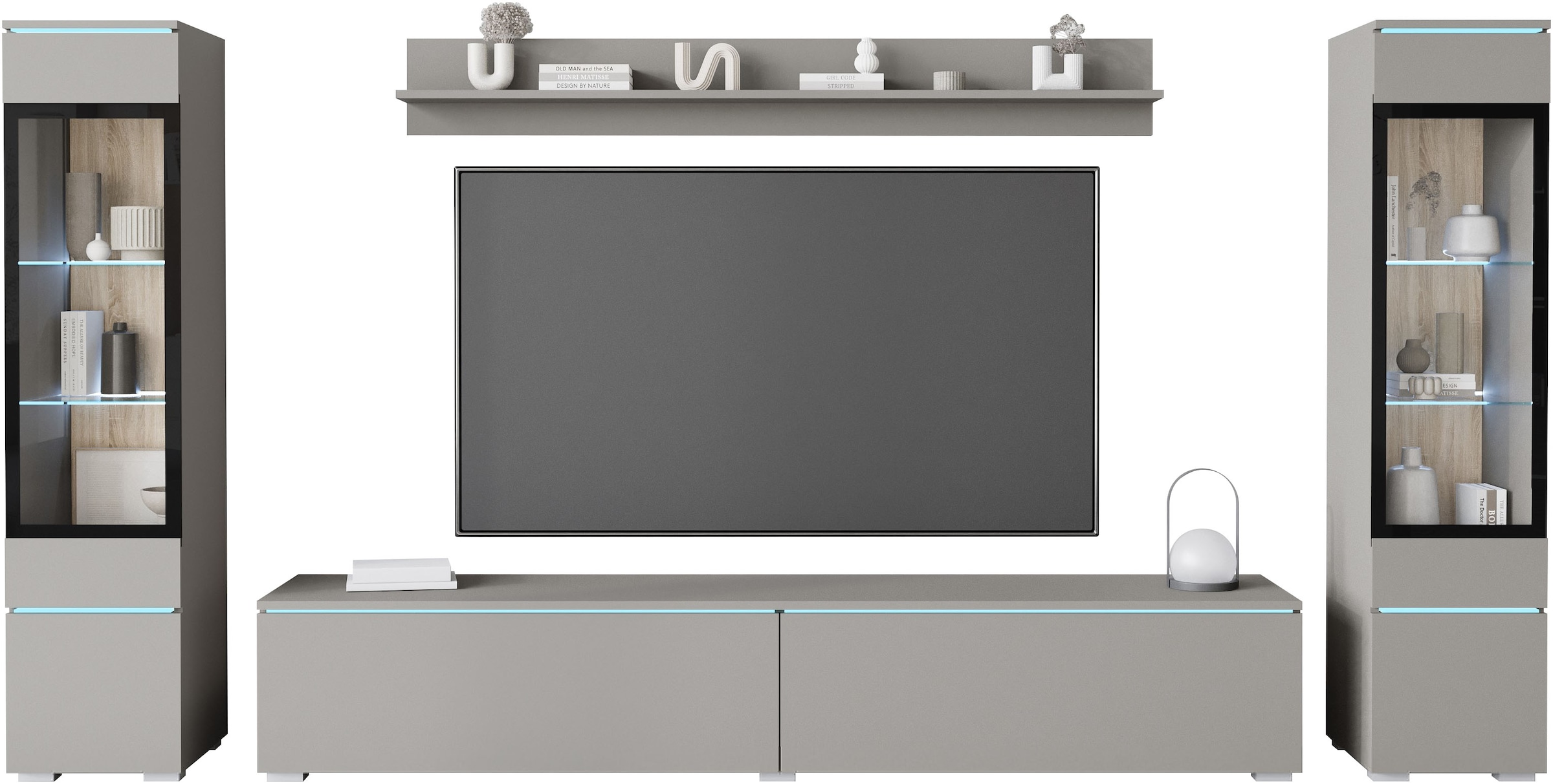 INOSIGN Wohnwand »VERA II, Vitrinen Türanschlag wechselbar«, (Komplett-Set, 4 St.), Mediawand 260 cm, Vitrine mit Verglasung, stehend und hängend