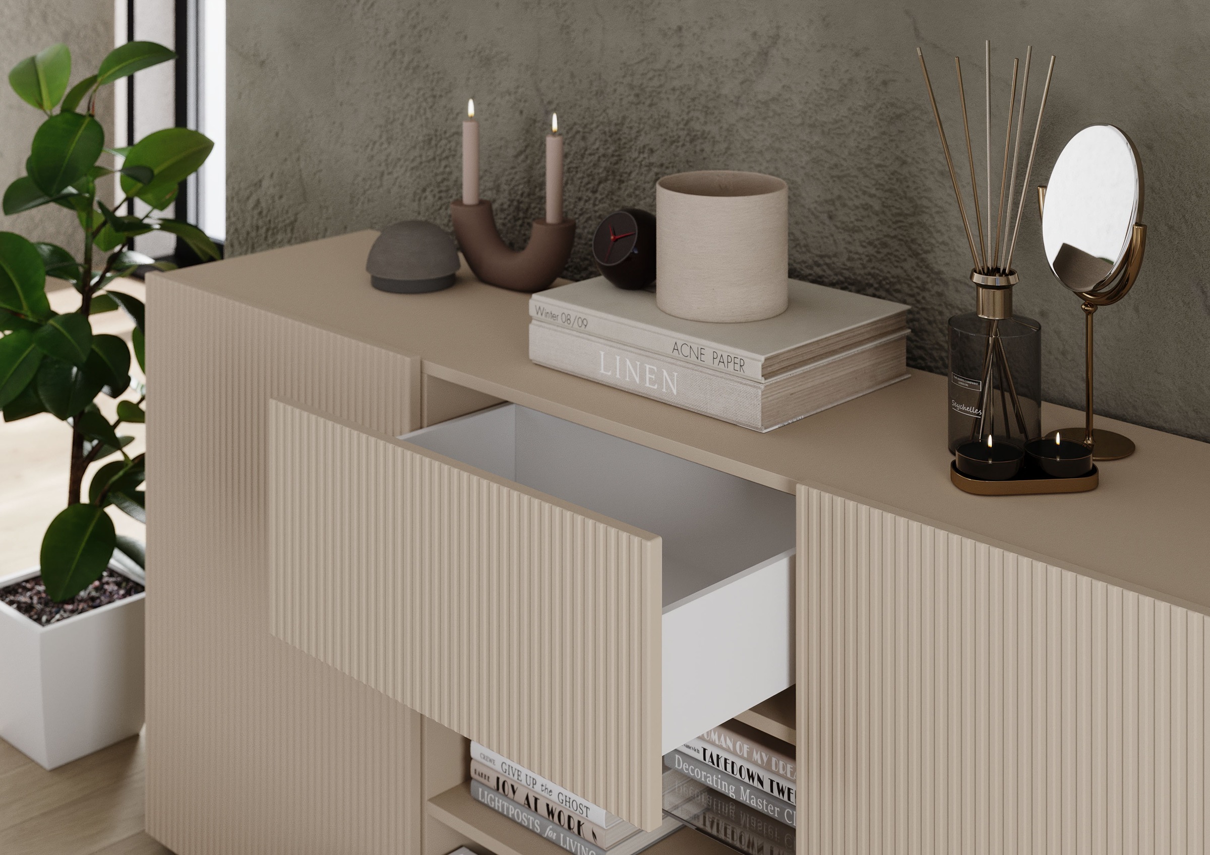INOSIGN Sideboard »Rio Breite 181 cm, Kommode mit 2 Türen u. 2 Schubkästen,«, Anrichte, geriffelte Front, modern u. elegant, viel Stauraum