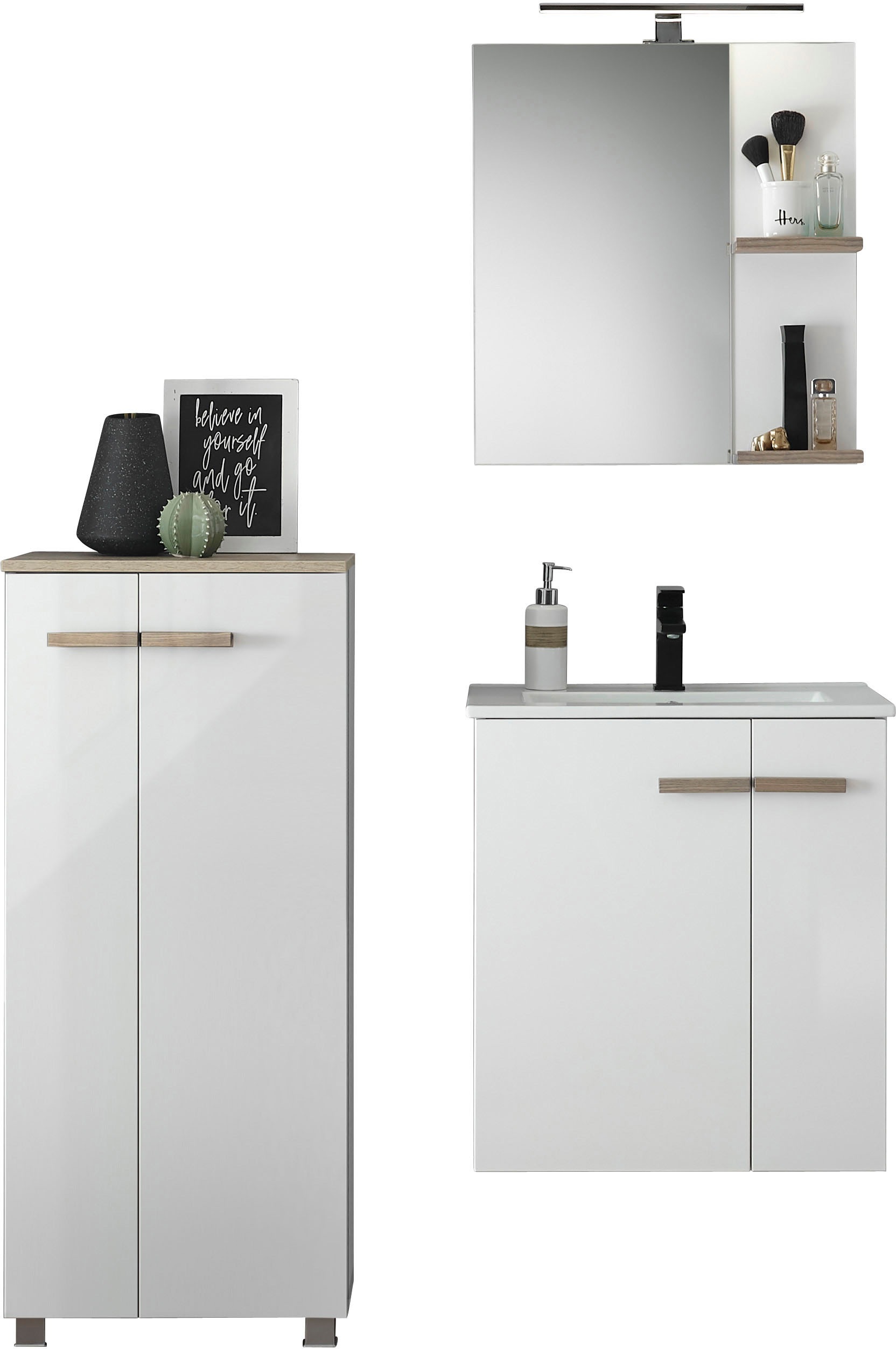 Places of Style Badmöbel-Set »SOLiD, Badmöbel-Set, Bad im modernen Design, 3-teiliges Badezimmer«, (3 St.), Waschtisch mit Waschbecken, Midischrank, Breite 130 cm