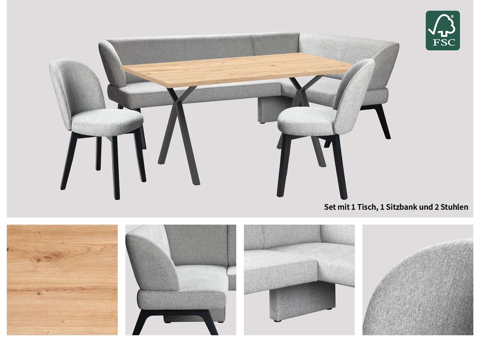 Home affaire Eckbankgruppe »Aretha Essecke, Sitzgruppe, Eckbank, Küchenbank«, (Set, 4 tlg., 4er), Esszimmer Sitzgruppe, Tisch, Stühle und Bank gepolstert, Nosagfederung