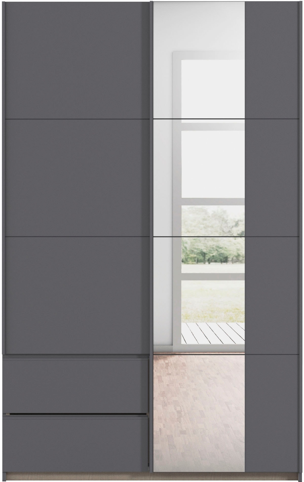 rauch Schwebetürenschrank »Kleiderschrank Schrank Garderobe Wäscheschrank SEVILLA mit Spiegel«, (in 3 verschiedenen Ausstattungen BASIC/CLASSIC/PREMIUM), Metall-Griffleisten alufarben oder Graumetallic MADE IN GERMANY