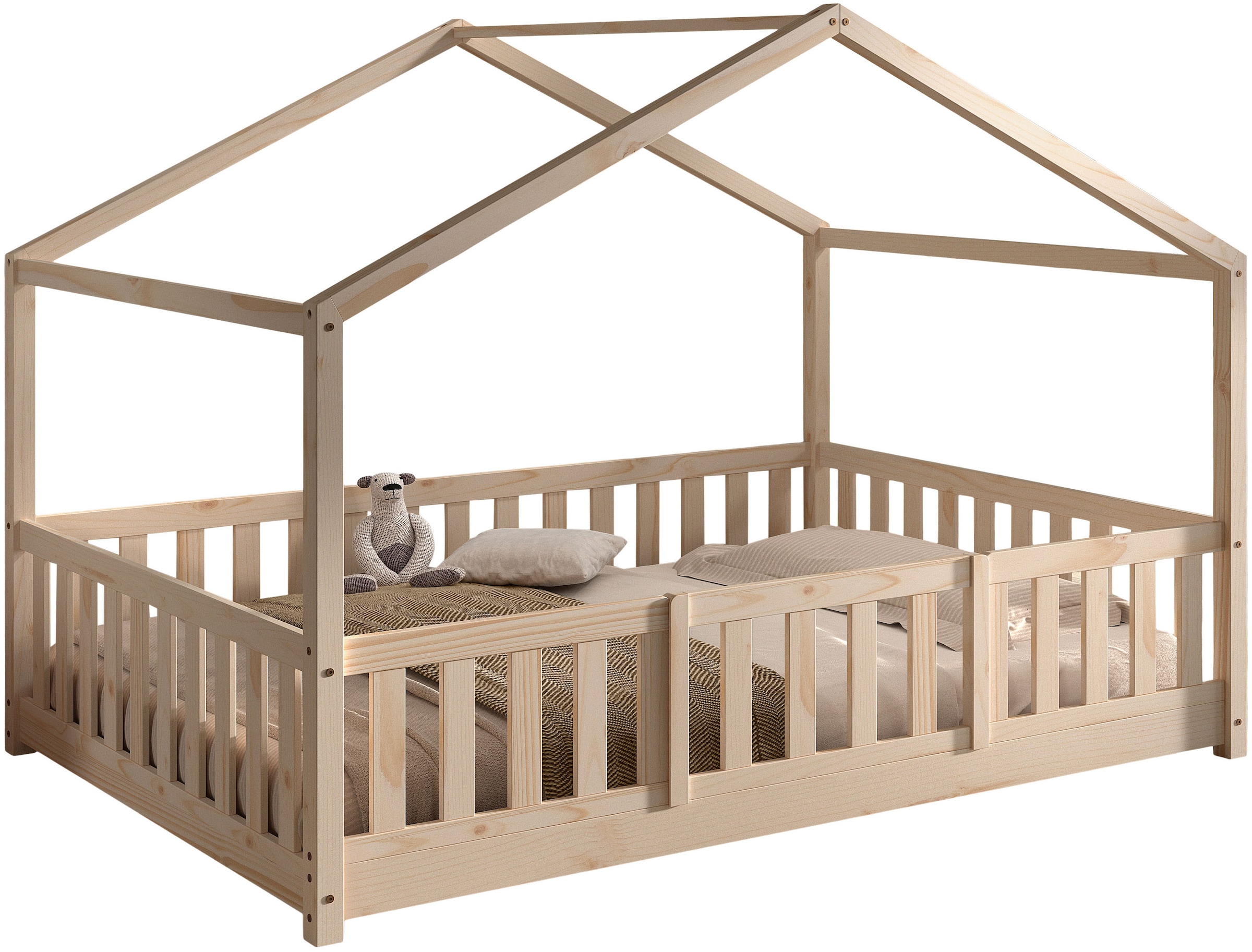 Vipack Hausbett »Dallas, Massivholzbett mit Dachaufbau umbaubar vom Boden- zum Daybett« mit Bettschublade, wahlweise Kiefer massiv natur oder weiß