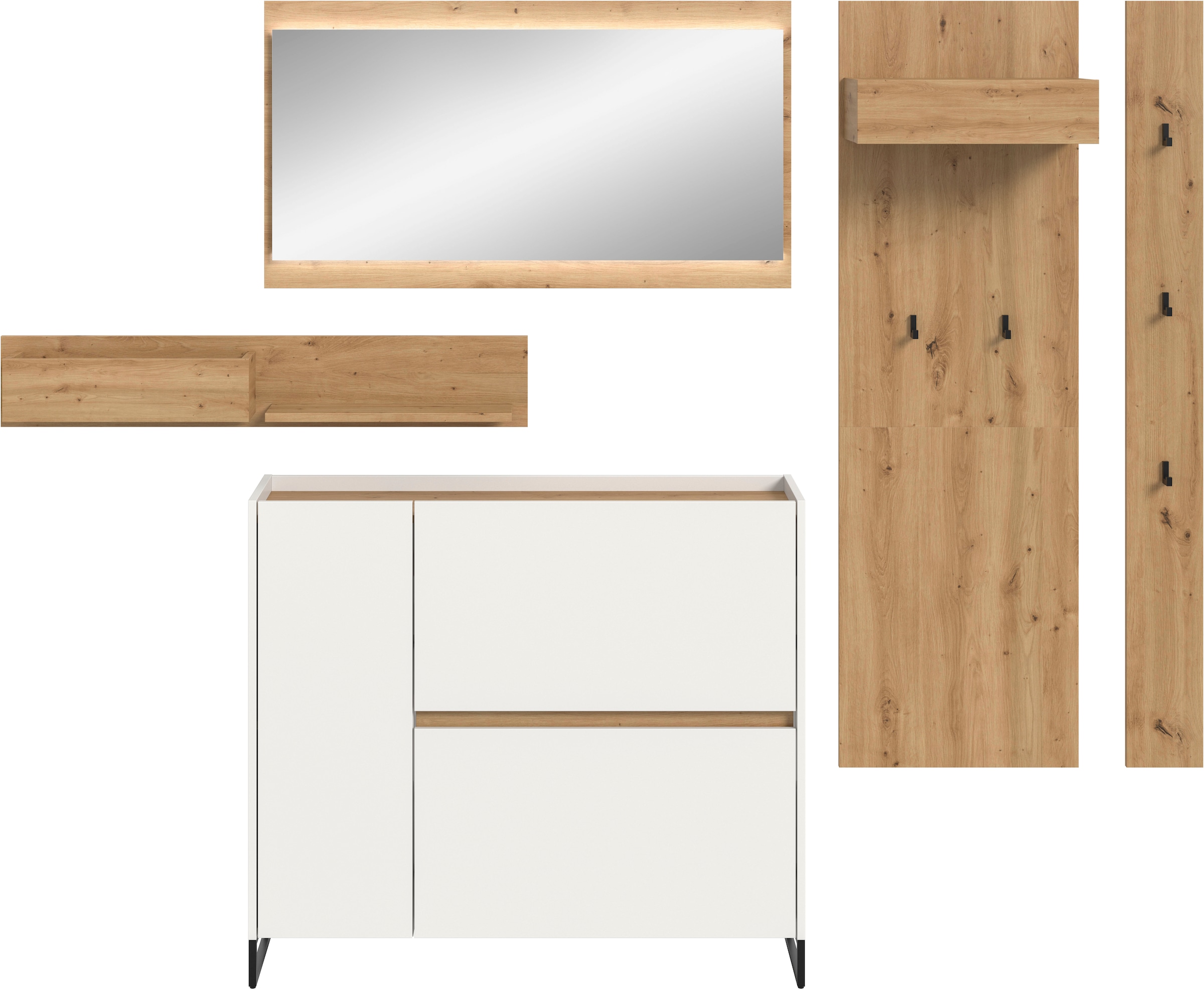 INOSIGN Garderoben-Set »EVRID, 5-teilig, Breite 236 cm, inkl. Beleuchtung« best. aus: Wandboard, Kommode, Spiegel, Garderobenpaneel, Hakenleiste, 5 Stk. tlg. Garderobenkombination, Garderobe, Wandgarderobe, Flur, Diele