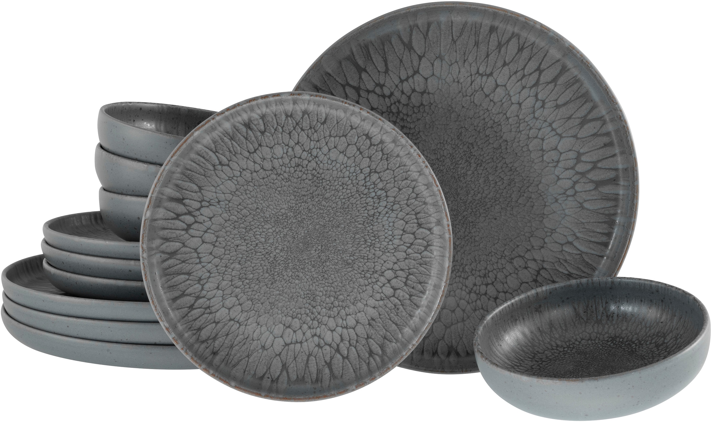 CreaTable Teller-Set »Uno Volcano, Teller Set 12-tlg« Reaktivglasur, Vintage Style