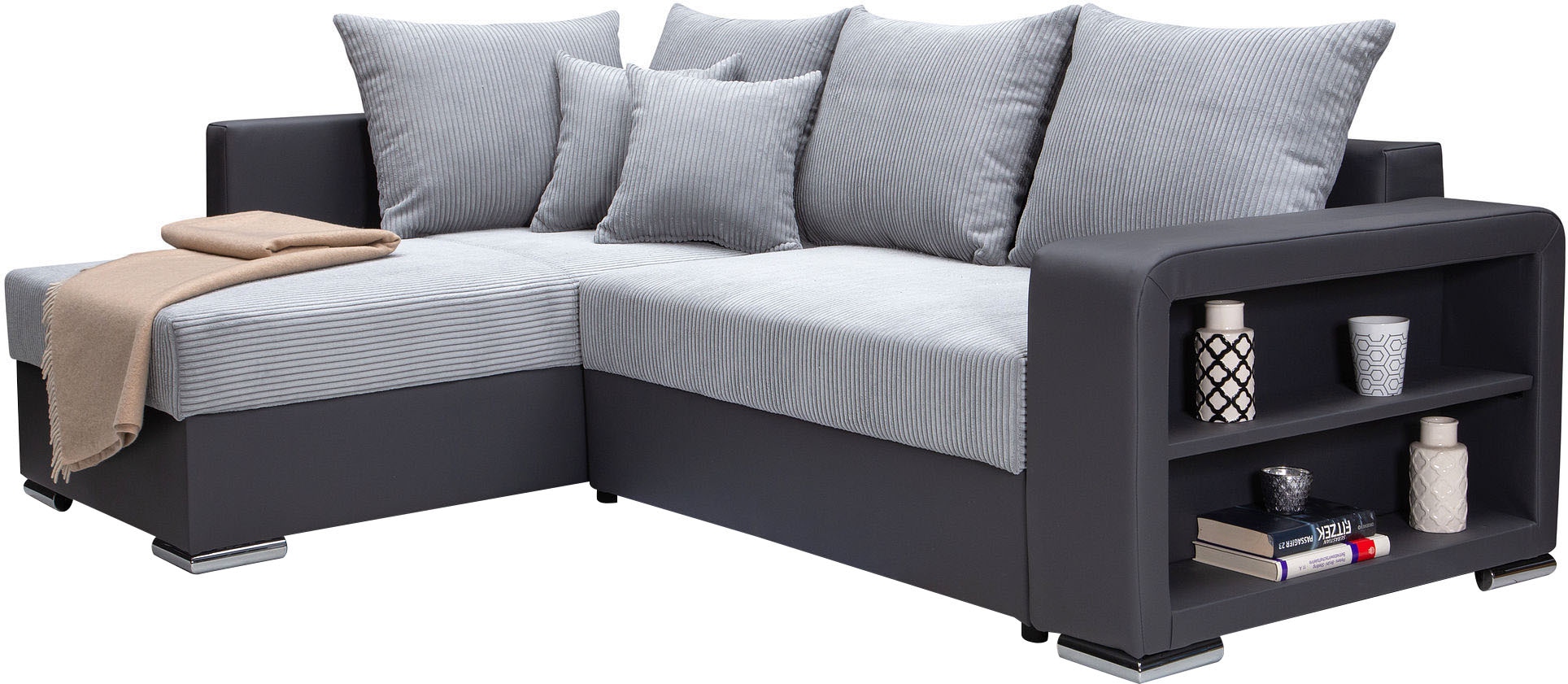 COLLECTION AB Ecksofa »John L-Form«, Regalarmlehne,Bettfunktion,Bettkasten,Ottomane beiseitig montierbar