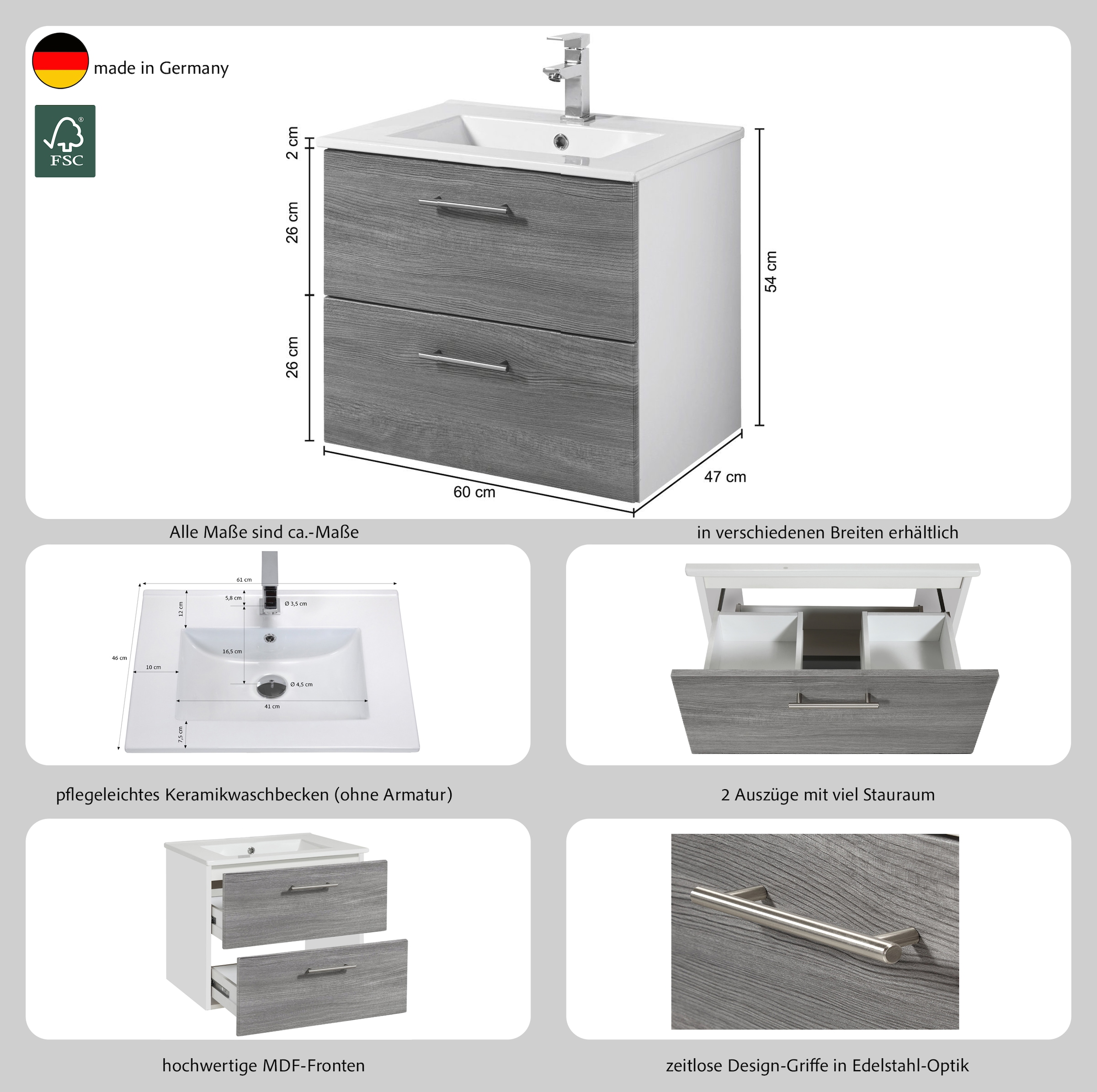 welltime Waschtisch »Trento in verschiedenen Ausführungen inkl. Waschbecken«, Badmöbel in Breite 60 cm, Badschrank Waschplatz mit 2 Schubladen