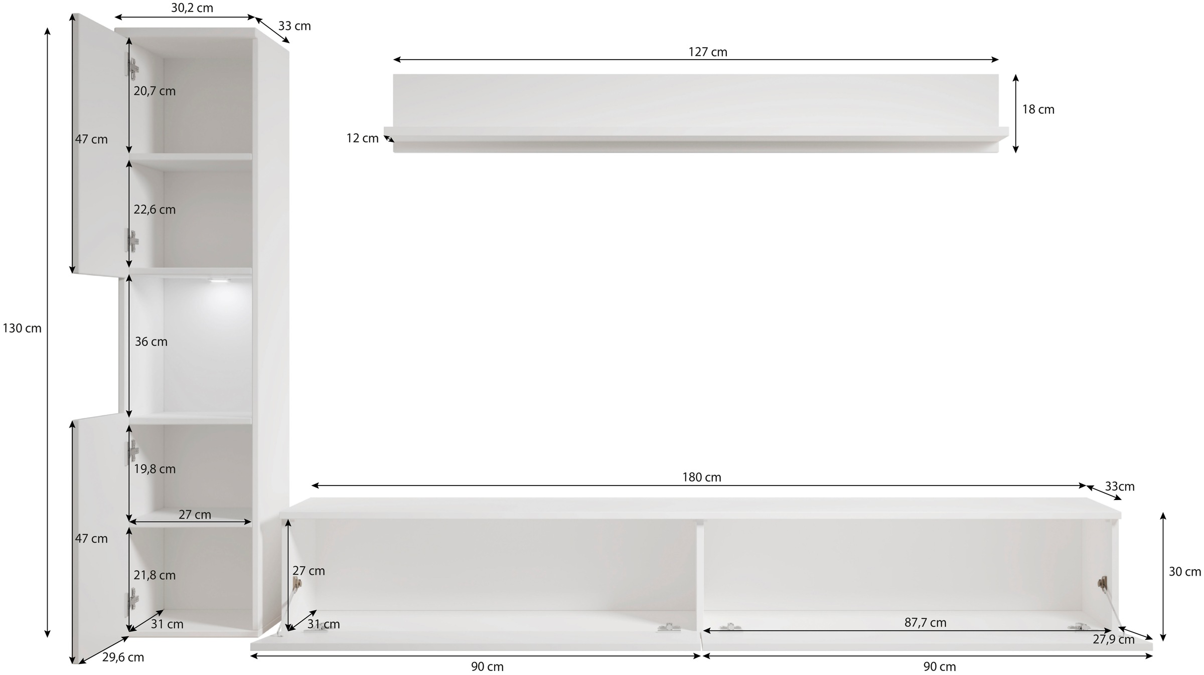 INOSIGN Wohnwand »PARIS, Vitrine Türanschlag links/rechts wechselbar«, (Komplett-Set, 3 St.), grifflose Design, stehend und hängend montierbar