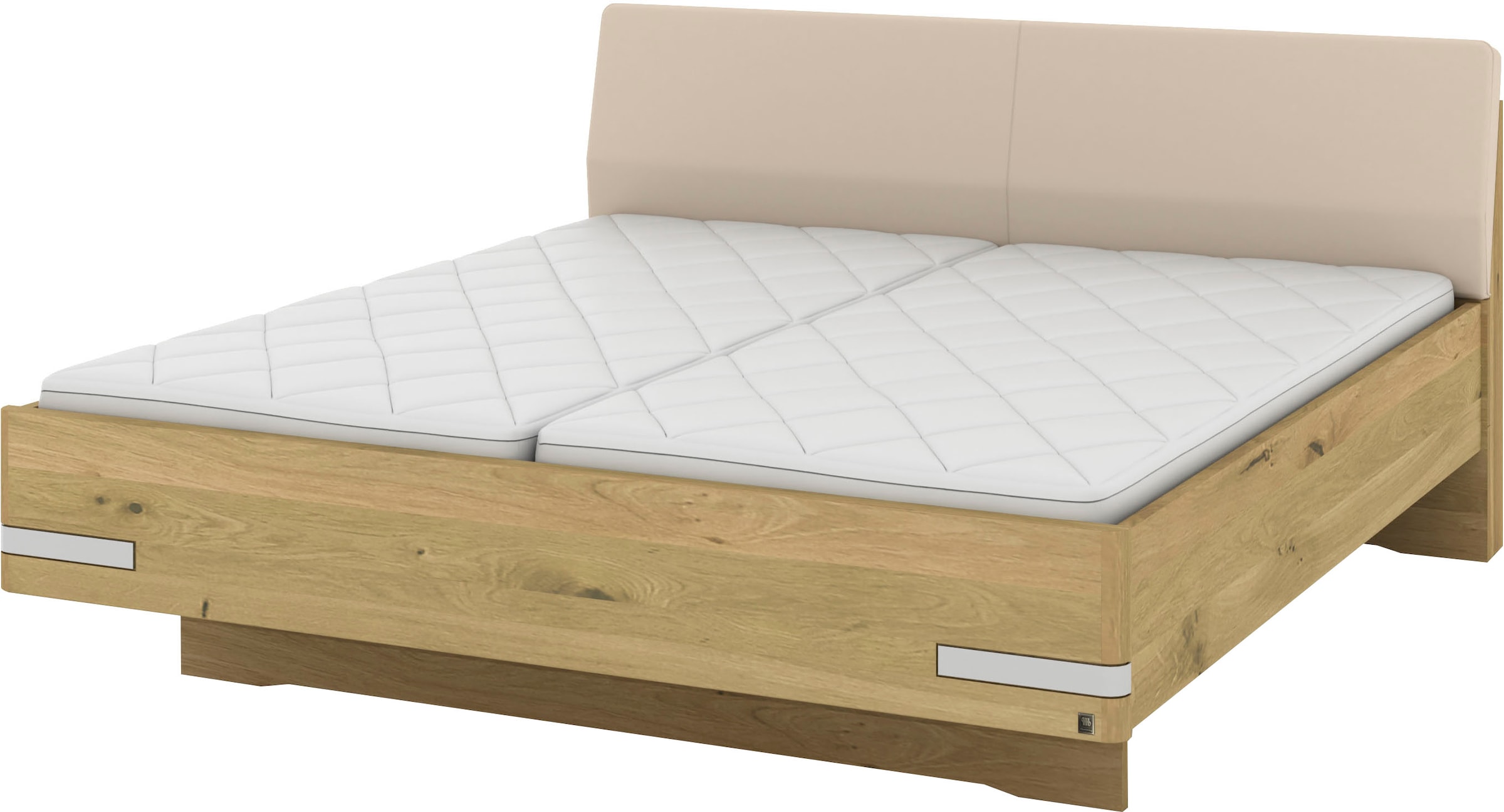 Musterring Holzbett »Savona, Bettgestell, Bettrahmen, teilmassiv Bianco-Eiche«, (Belastbarkeit 220 Kg, 4-fache Liegehöhenverstellung, MADE IN GERMANY), Kopfteil Kunstleder Champagner, Details in Chrom, verschiedene Größen