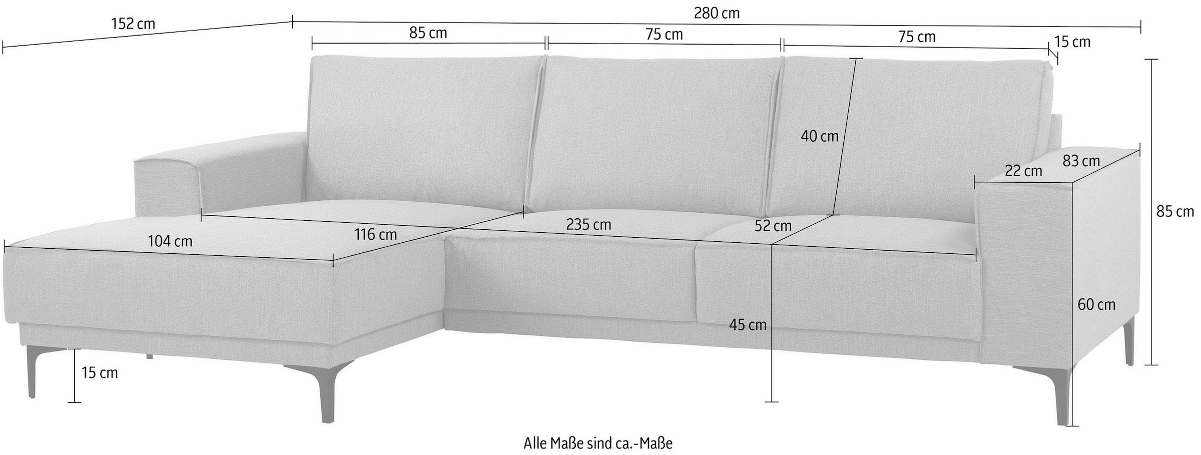 Places of Style Ecksofa »Polsterecke Oland, Struktur, Flachgewebe, Luxus-Microfaser, Boucle«, L-Form, 280 cm, Wellenunterfederung, Skandi-Design, Metallfüße