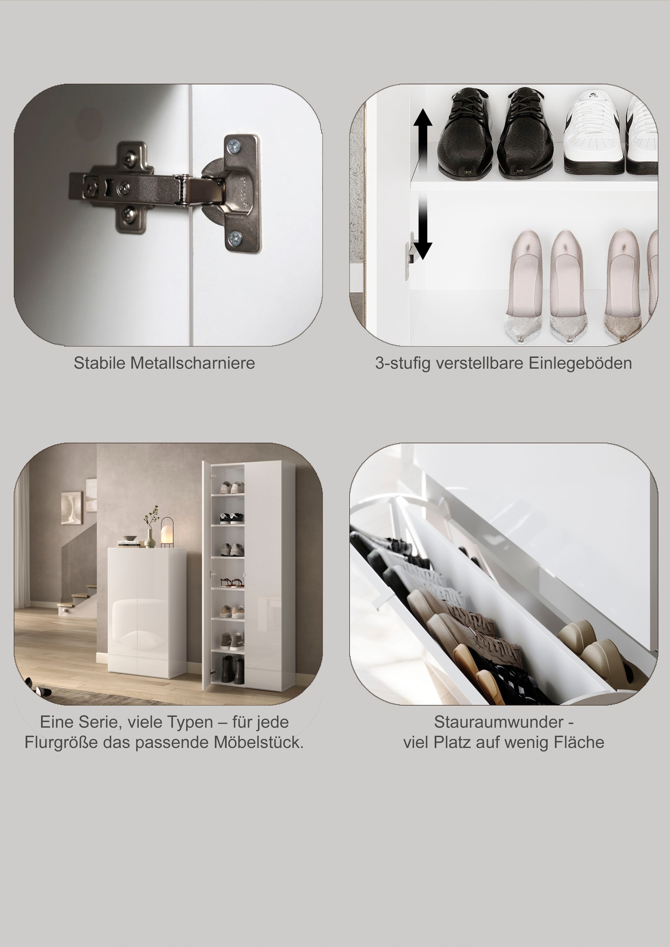 INOSIGN Schuhschrank »SMILE Breite 104 cm, 2 Klappen, komplett Weiß Hochglanz lackiert,«, Schuhkipper hängend o. stehend montierbar, 4 Fächer, Metallgriffe