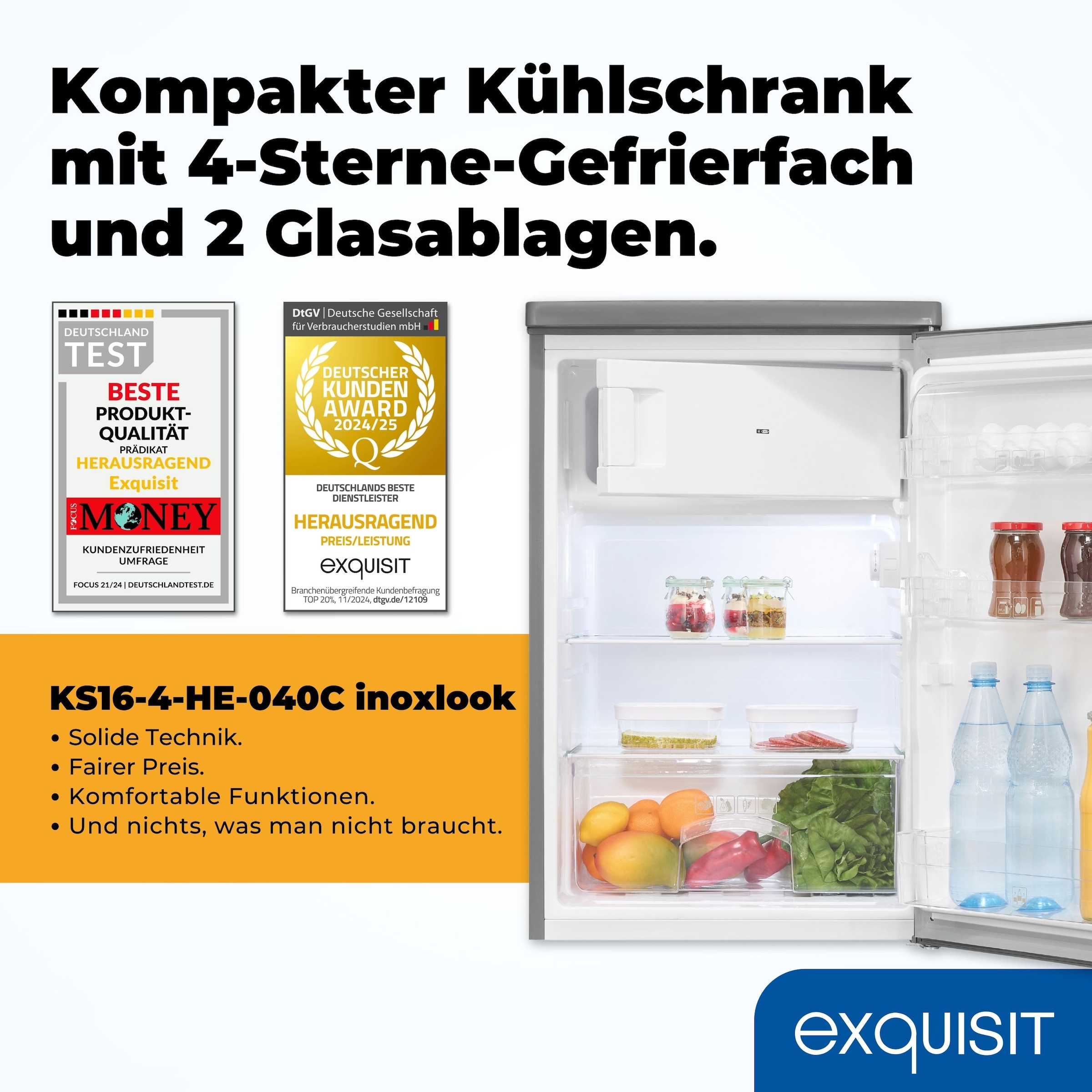 exquisit Kühlschrank »KS16-4-HE-040C inoxlook«, geräumiges 4-Sterne-Gefrierfach