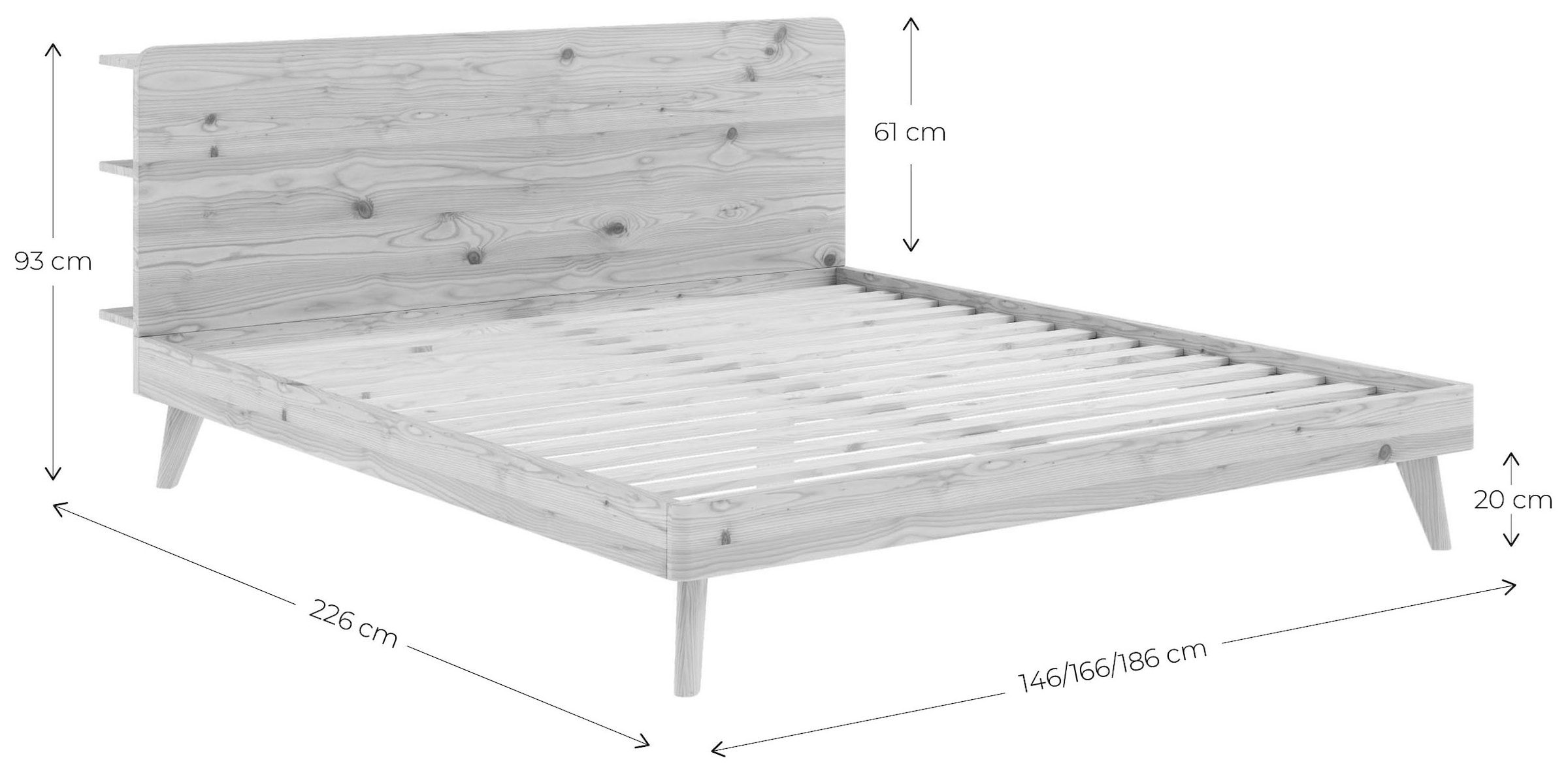Karup Design Bettgestell »RETREAT BED«, aus Kiefer massiv mit Lattenrost, Kopfteil mit 3 Ablagen